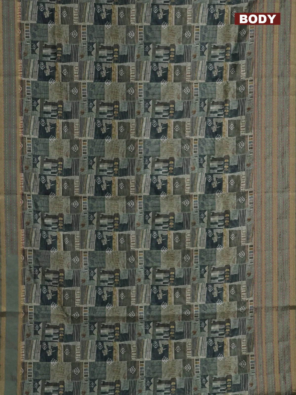 Semi tussar saree sap green with allover prints and kantha stitich work border - Image 2