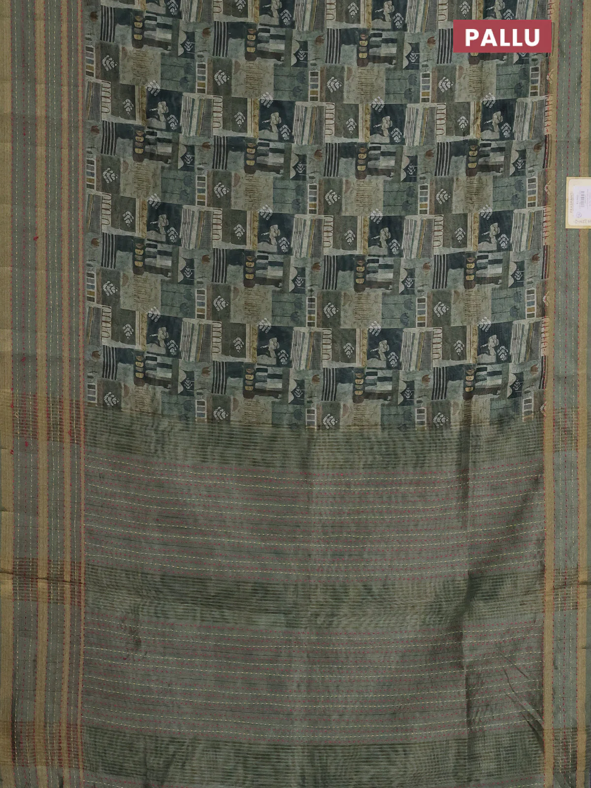Semi tussar saree sap green with allover prints and kantha stitich work border - Image 3