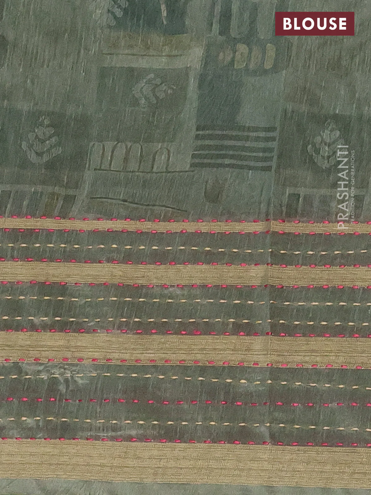 Semi tussar saree sap green with allover prints and kantha stitich work border - Image 4