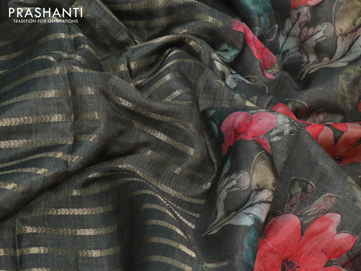 Semi tussar saree sap green with allover zari woven veldhari design and floral printed border - Image 3