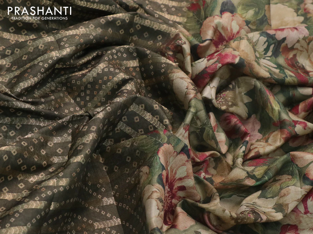 Semi tussar saree sap green with allover zari woven veldhari design & bandhani prints and floral printed border - Image 3