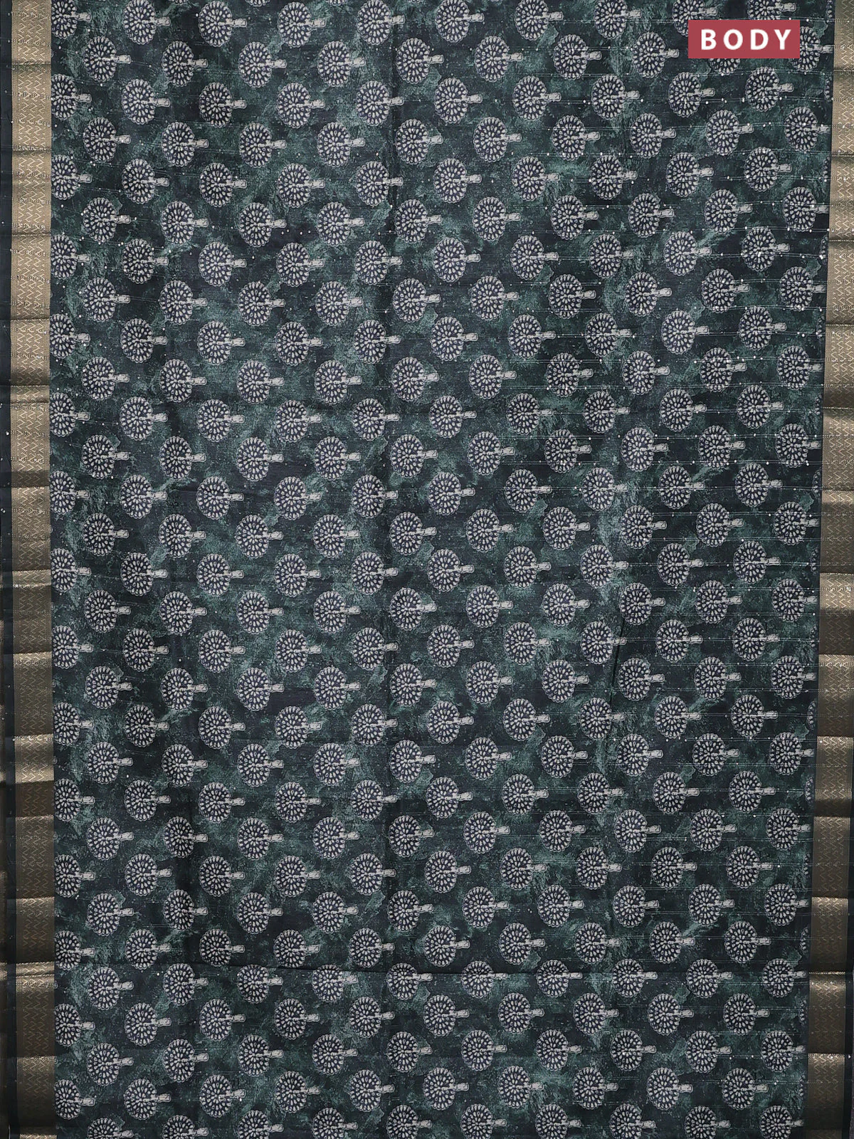 Semi tussar saree sap green with butta prints & sequin work and zari woven border - Image 2
