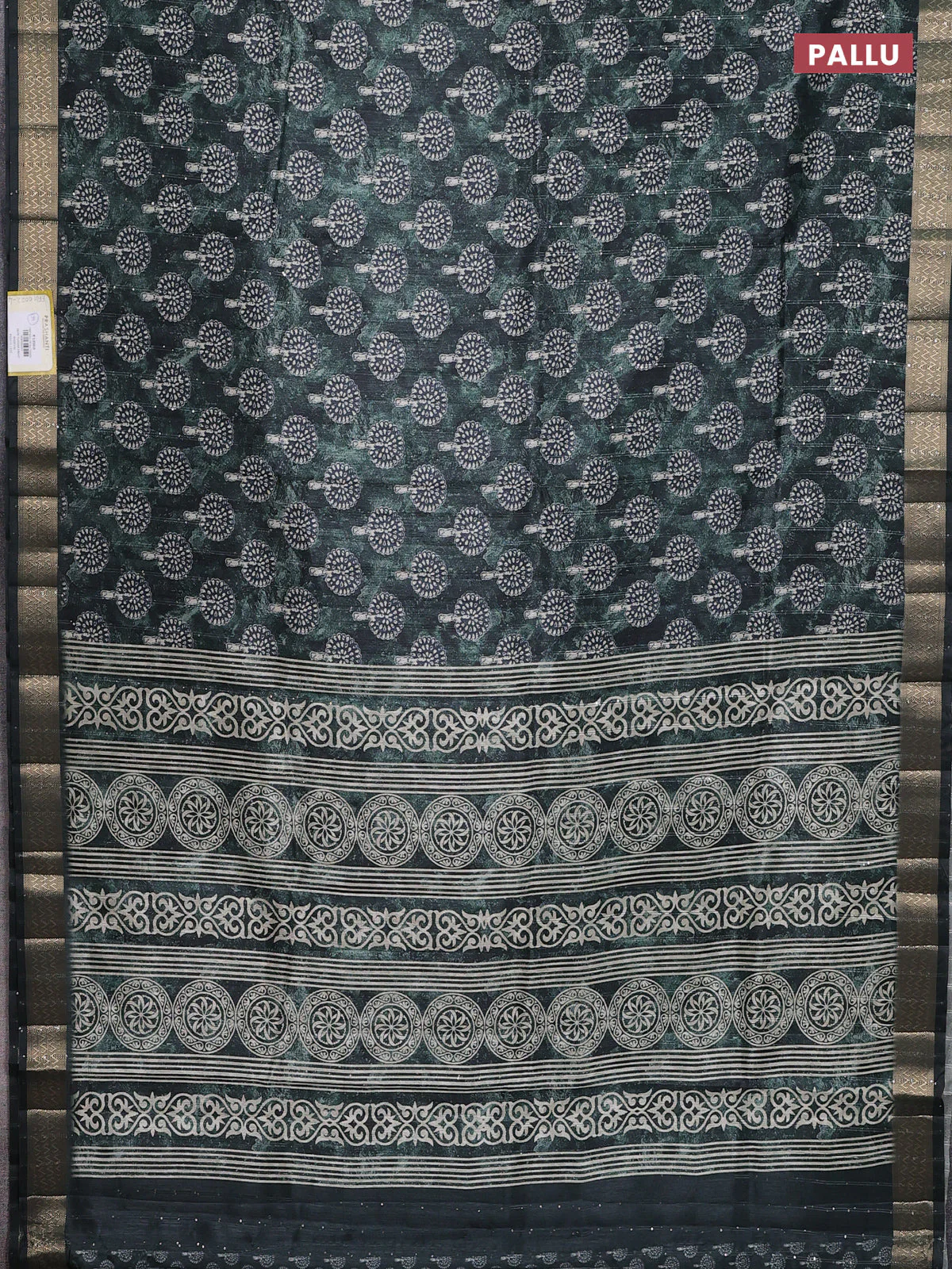 Semi tussar saree sap green with butta prints & sequin work and zari woven border - Image 3