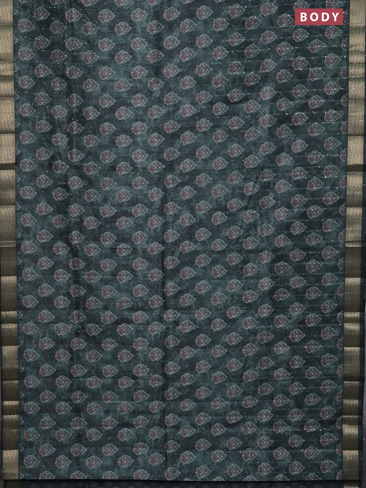 Semi tussar saree sap green with floral butta prints & sequin work and zari woven border - Image 2