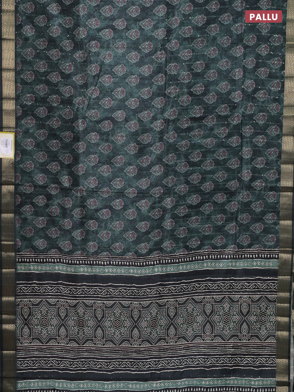 Semi tussar saree sap green with floral butta prints & sequin work and zari woven border - Image 3