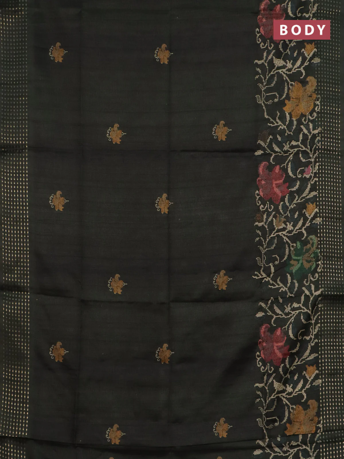 Semi tussar saree sap green with floral prints and zari woven pallu - Image 2