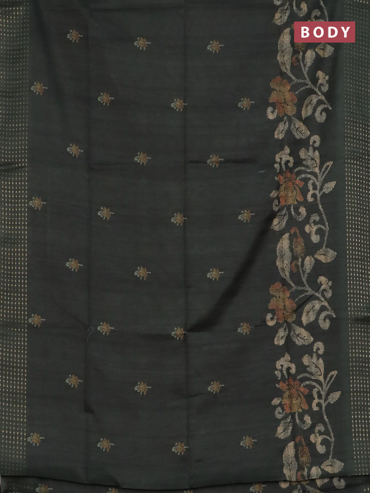 Semi tussar saree sap green with floral prints and zari woven pallu - Image 2