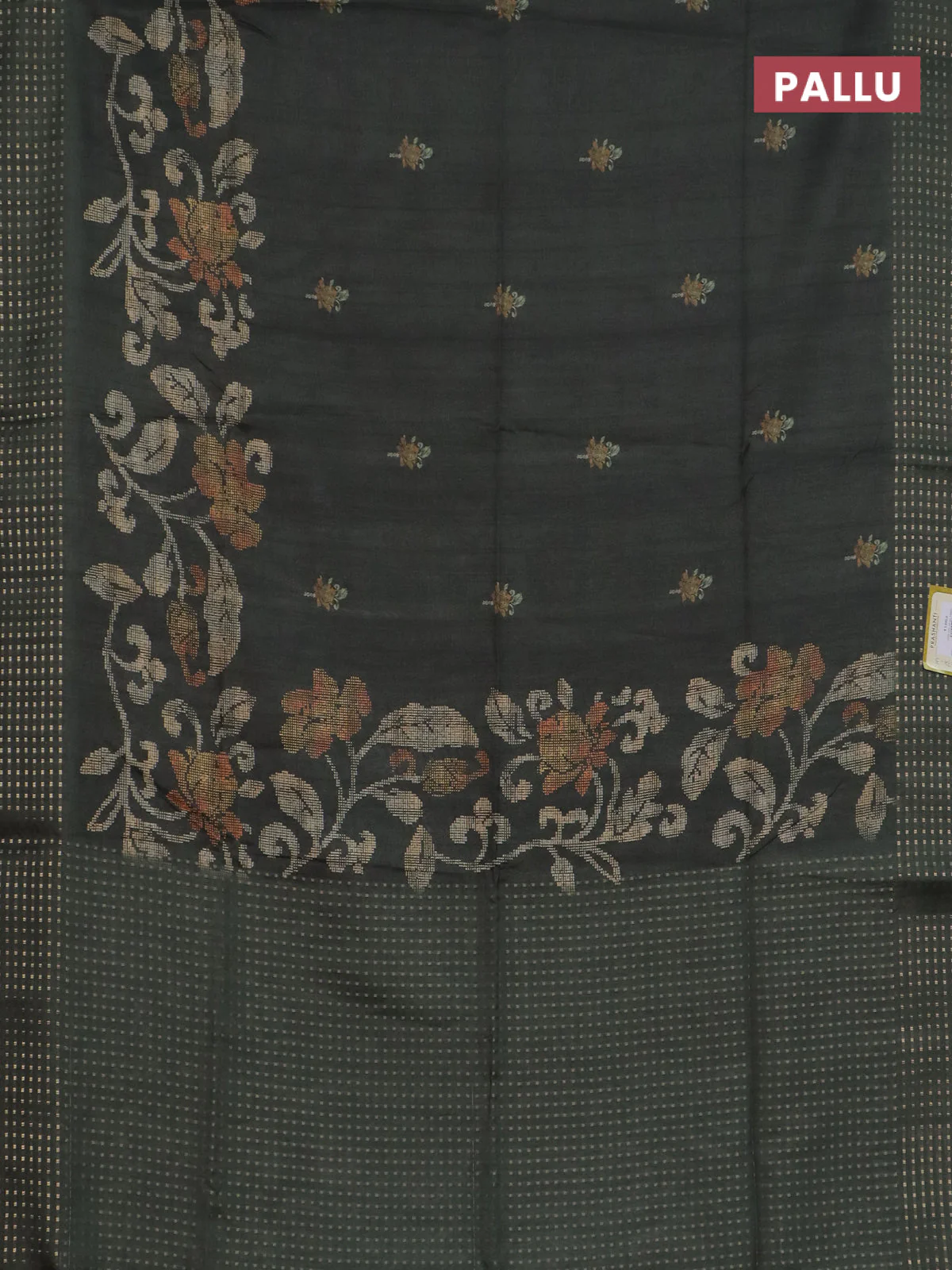 Semi tussar saree sap green with floral prints and zari woven pallu - Image 3