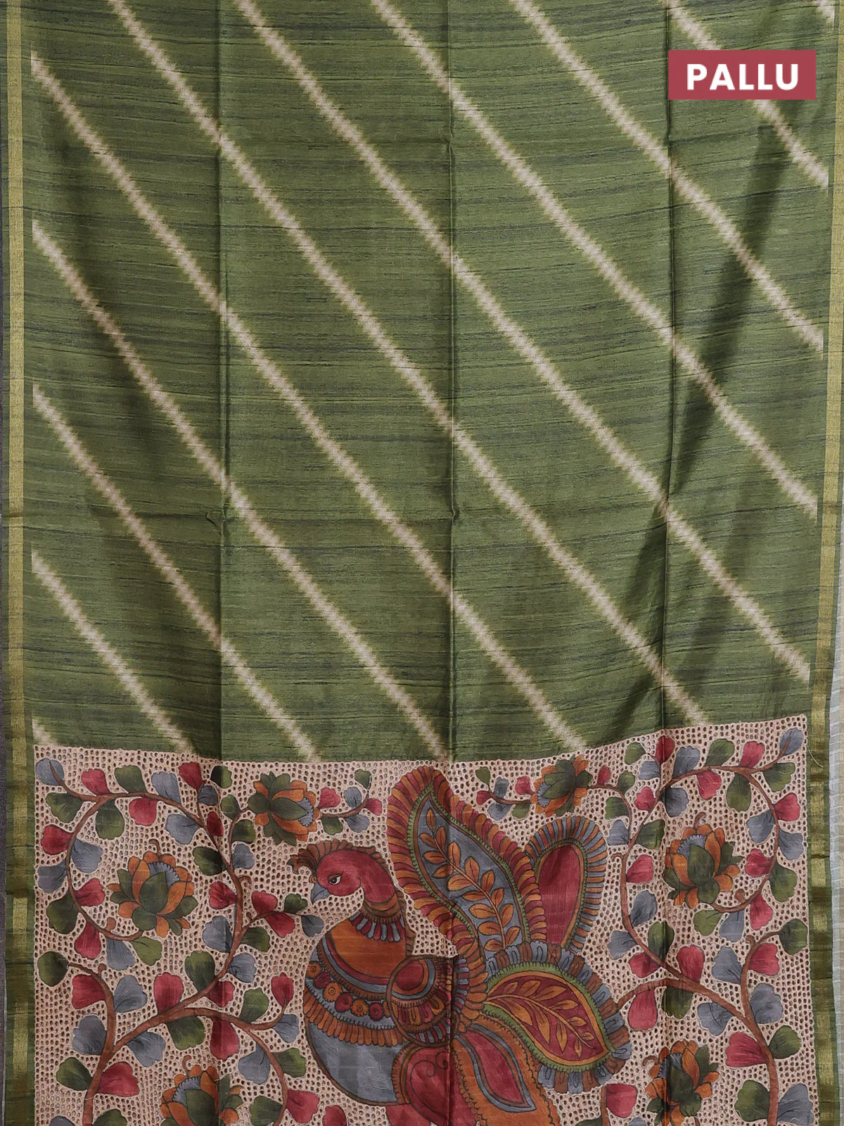 Semi tussar saree sap green with leheriya prints and kalamkari prints & cut work pallu - Image 3