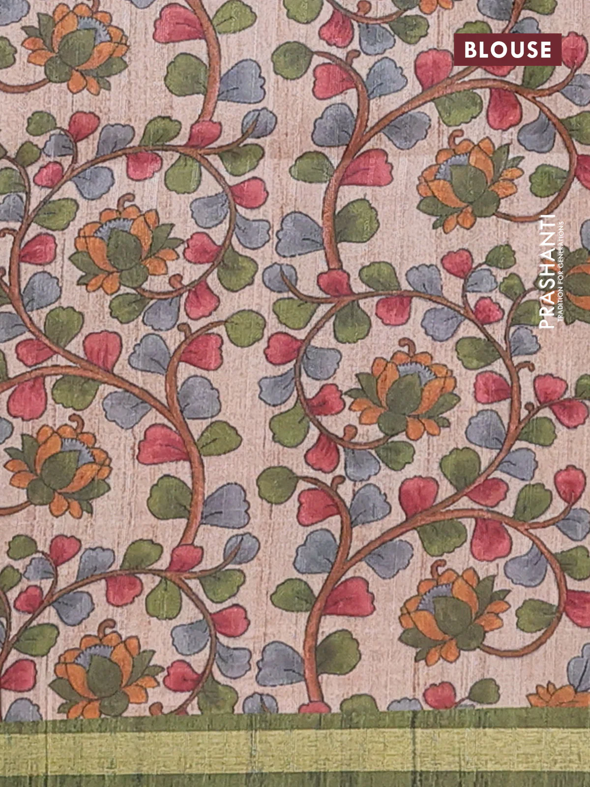 Semi tussar saree sap green with leheriya prints and kalamkari prints & cut work pallu - Image 4