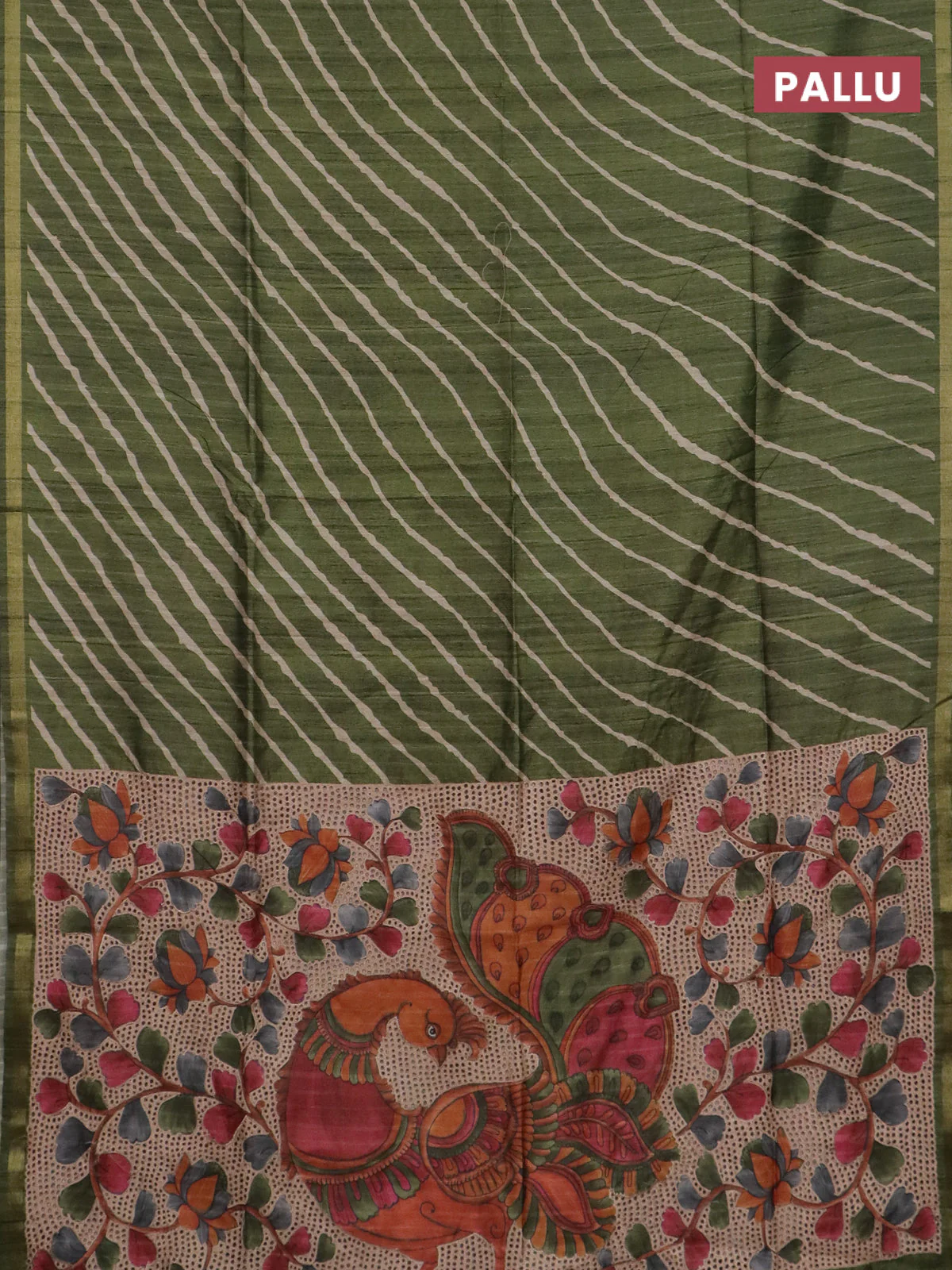 Semi tussar saree sap green with leheriya prints and kalamkari prints & cut work pallu - Image 3