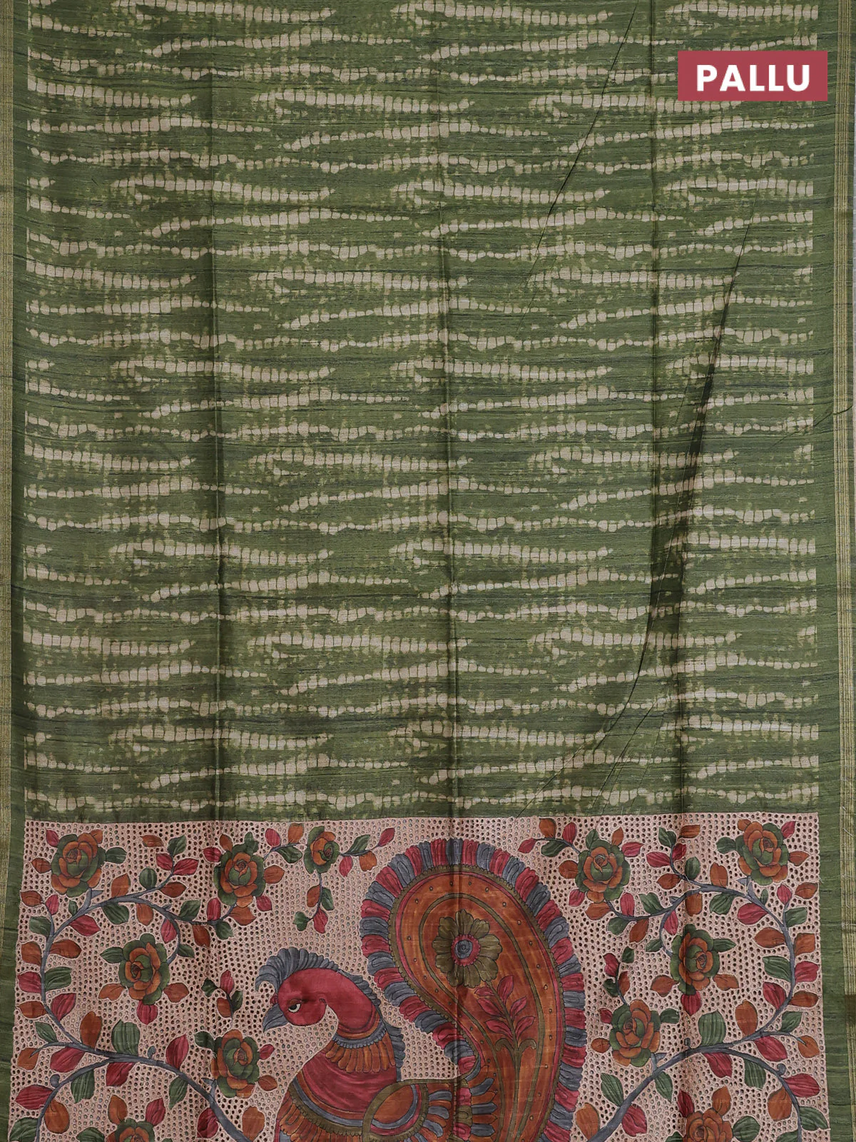 Semi tussar saree sap green with shibori prints and kalamkari prints & cut work pallu - Image 3