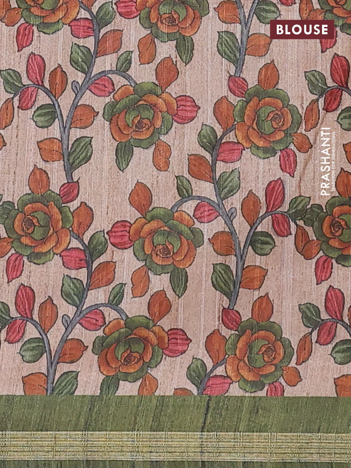 Semi tussar saree sap green with shibori prints and kalamkari prints & cut work pallu - Image 4