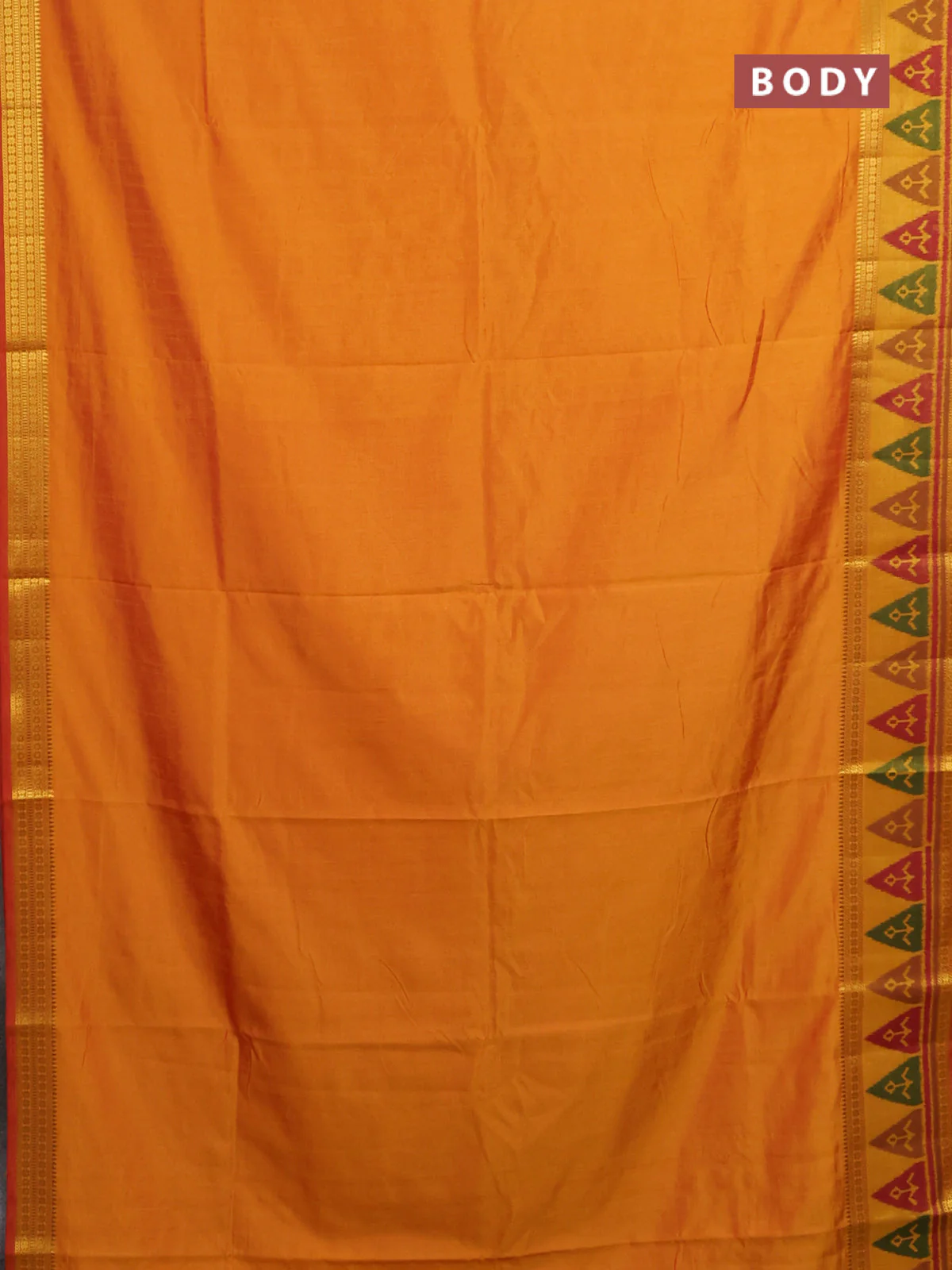 Semi tussar saree sunset orange and dark mustard with plain body and ikat woven zari border - Image 2