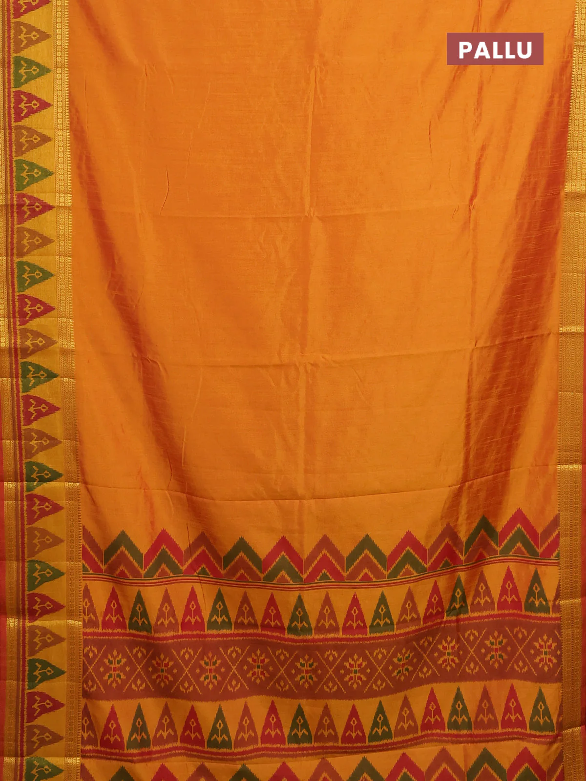 Semi tussar saree sunset orange and dark mustard with plain body and ikat woven zari border - Image 3