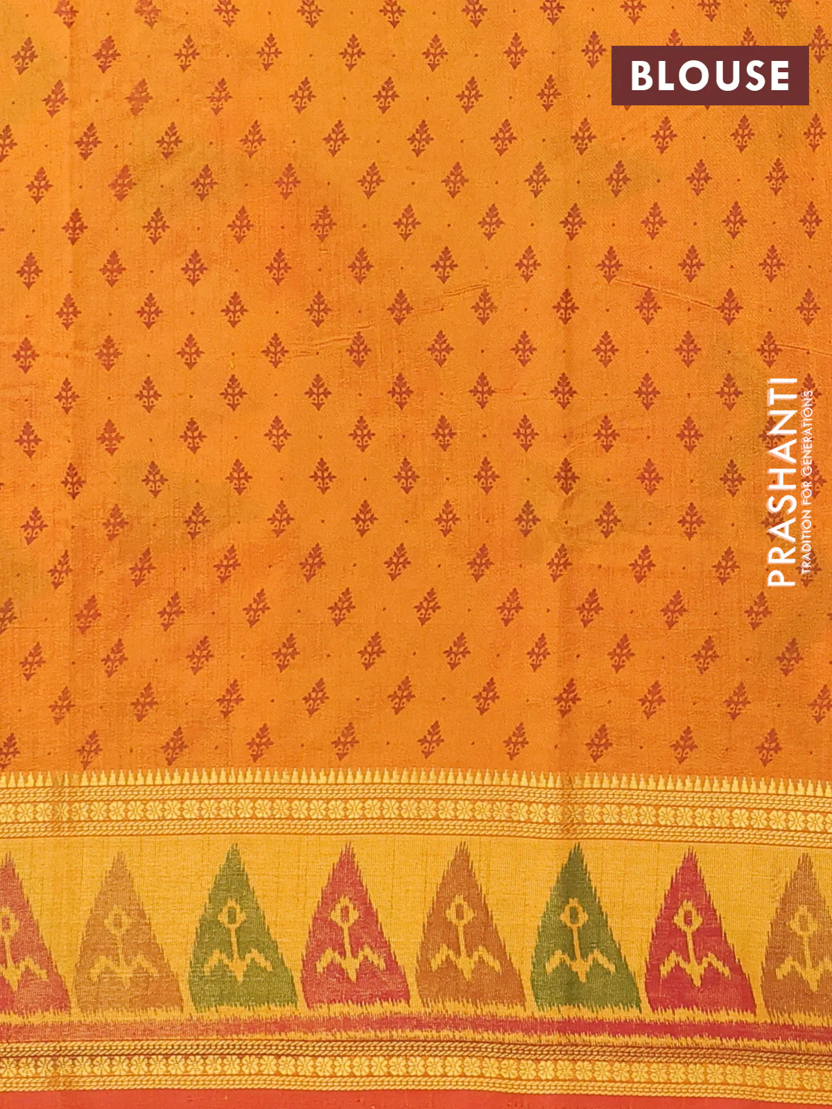Semi tussar saree sunset orange and dark mustard with plain body and ikat woven zari border - Image 4