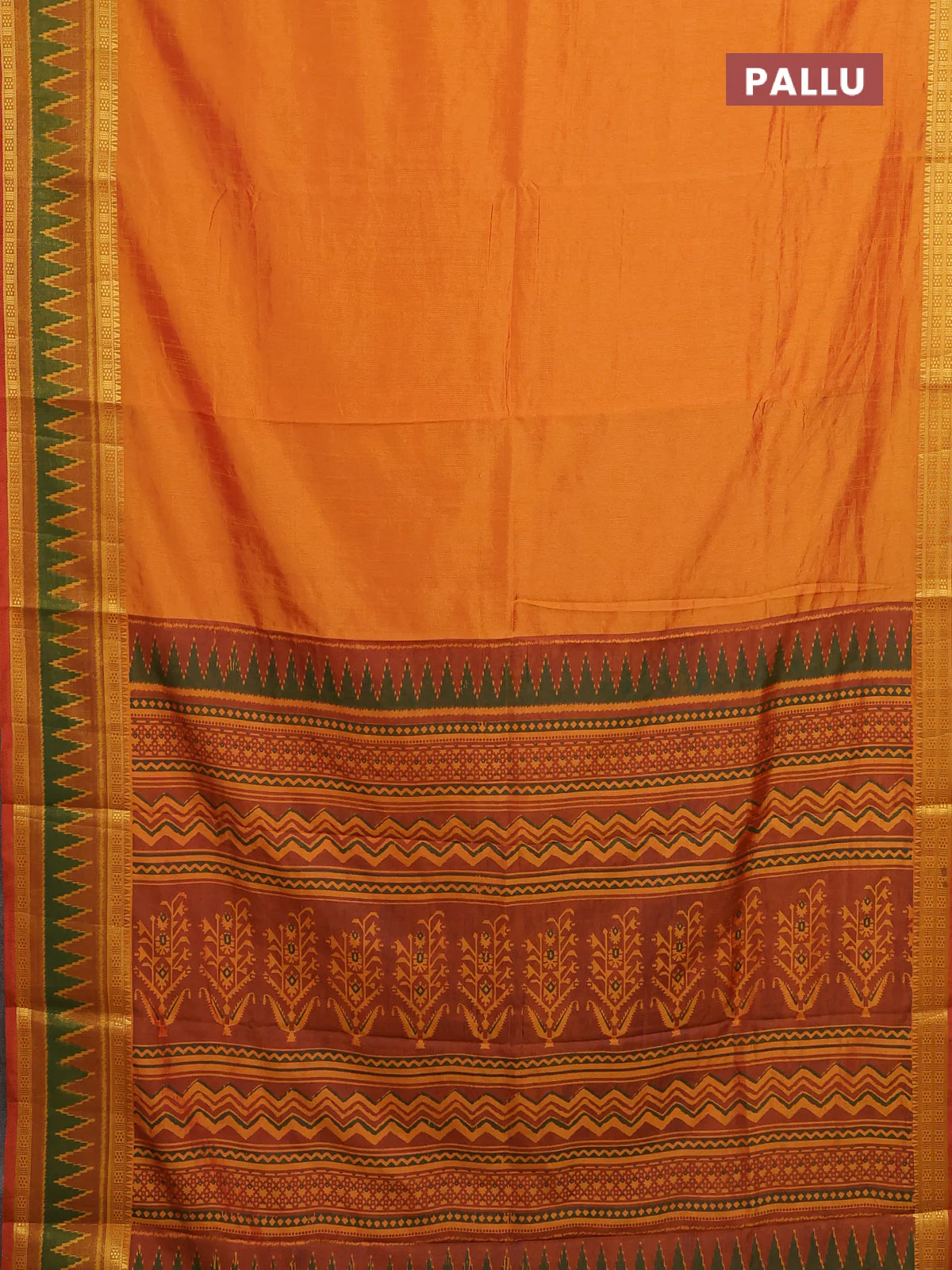 Semi tussar saree sunset orange and dark mustard with plain body and ikat woven zari border - Image 3