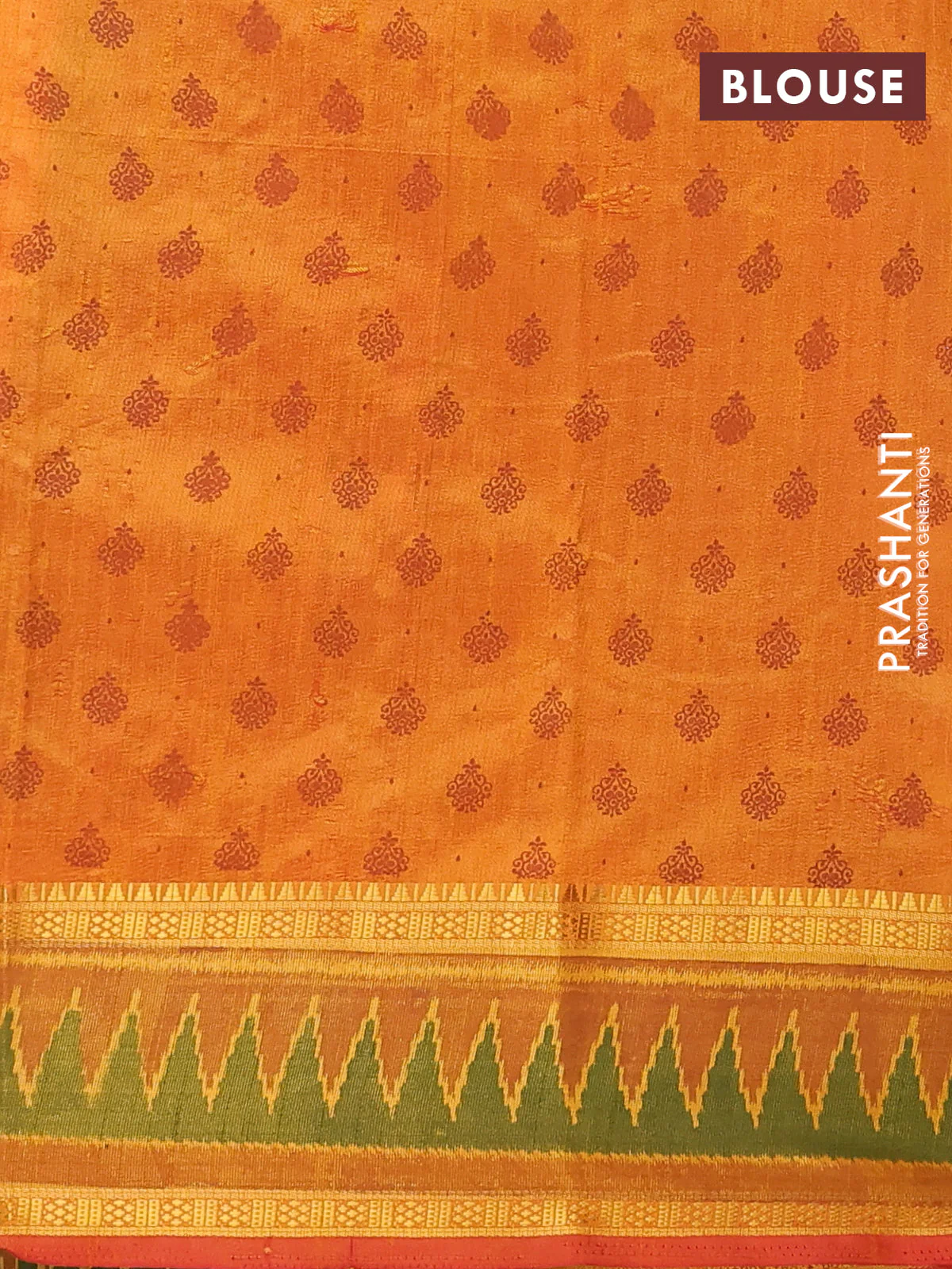 Semi tussar saree sunset orange and dark mustard with plain body and ikat woven zari border - Image 4