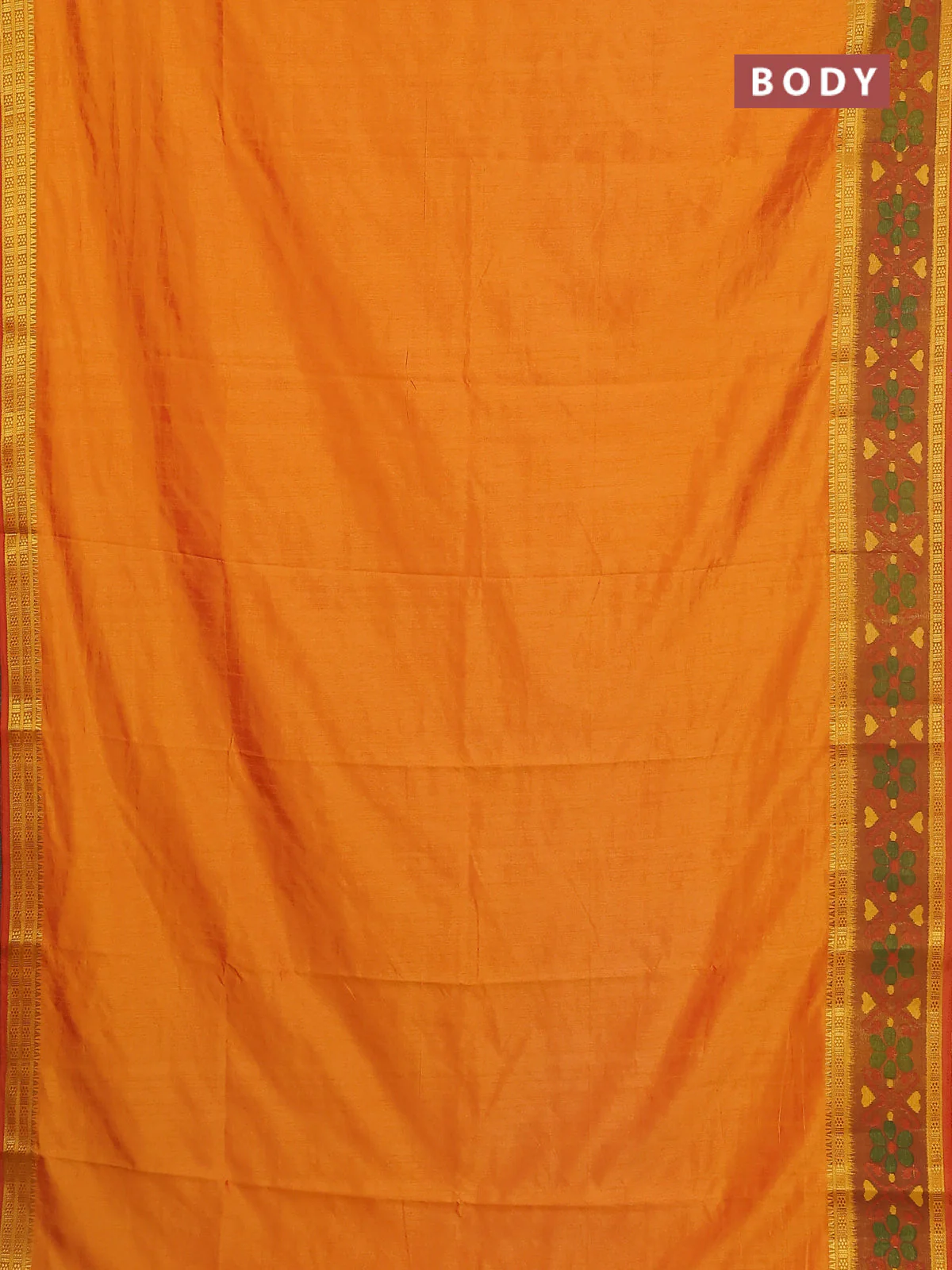Semi tussar saree sunset orange and dark mustard with plain body and ikat woven zari border - Image 2