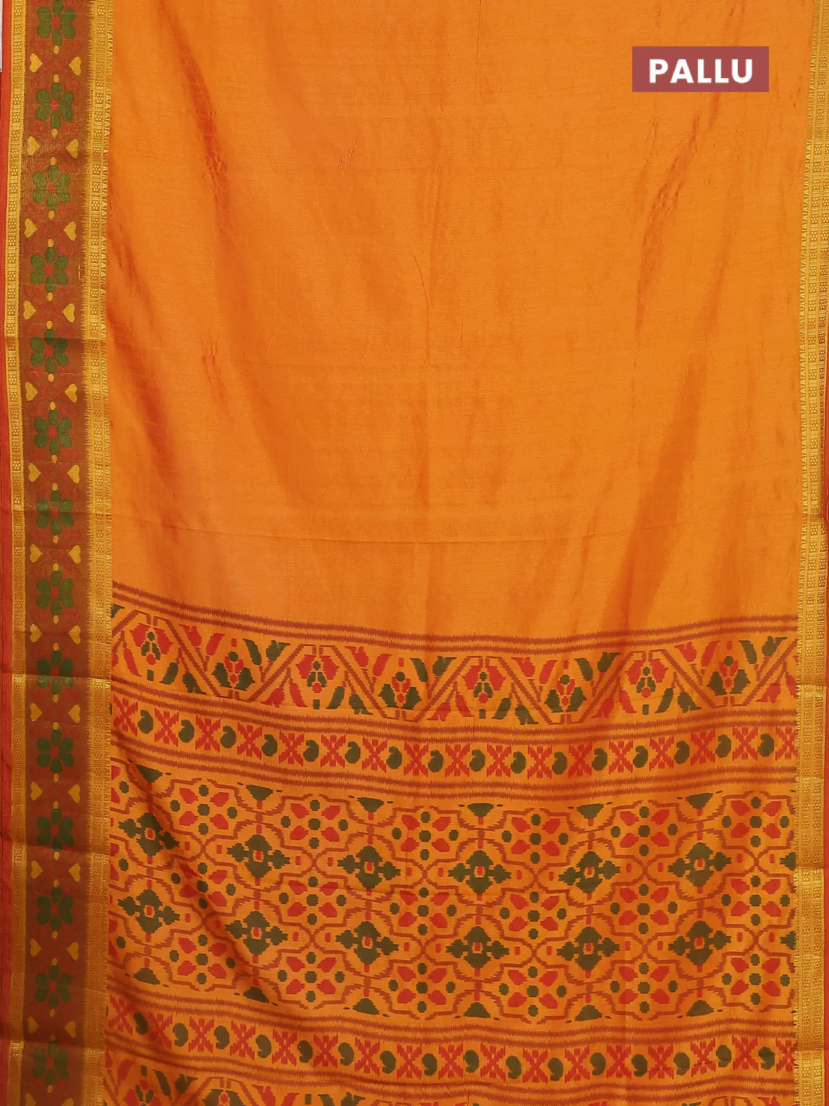 Semi tussar saree sunset orange and dark mustard with plain body and ikat woven zari border - Image 3