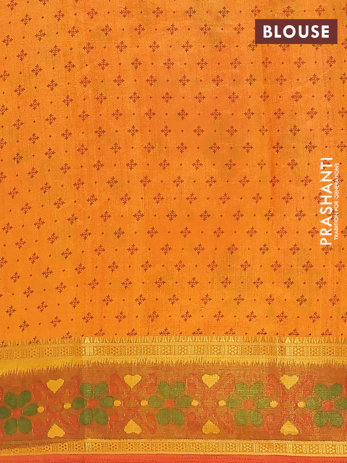 Semi tussar saree sunset orange and dark mustard with plain body and ikat woven zari border - Image 4