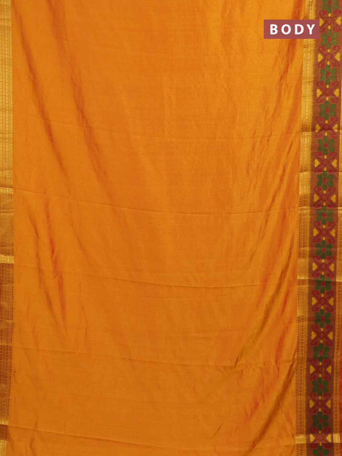 Semi tussar saree sunset orange and dark mustard with plain body and ikat woven zari border - Image 2