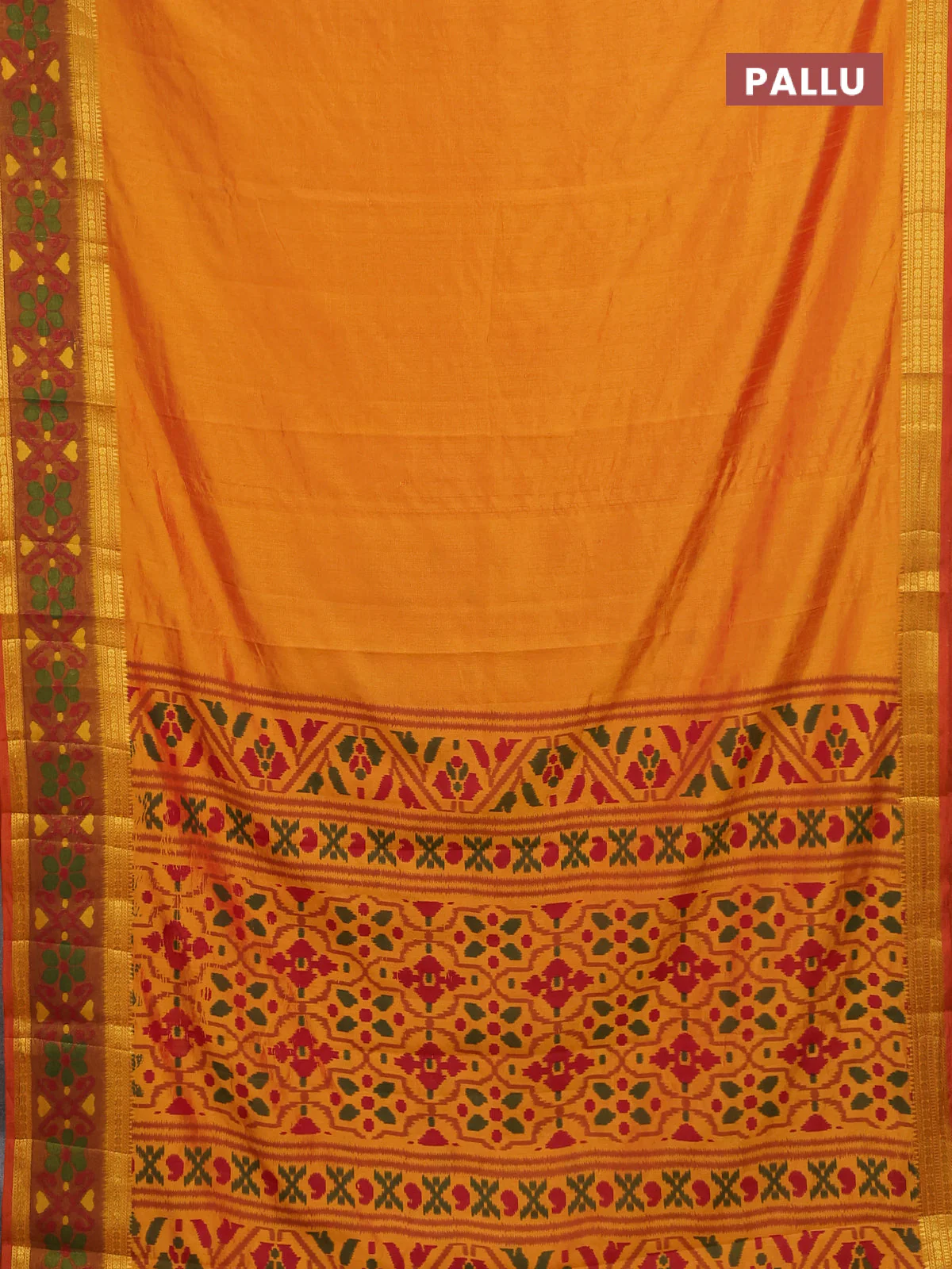 Semi tussar saree sunset orange and dark mustard with plain body and ikat woven zari border - Image 3
