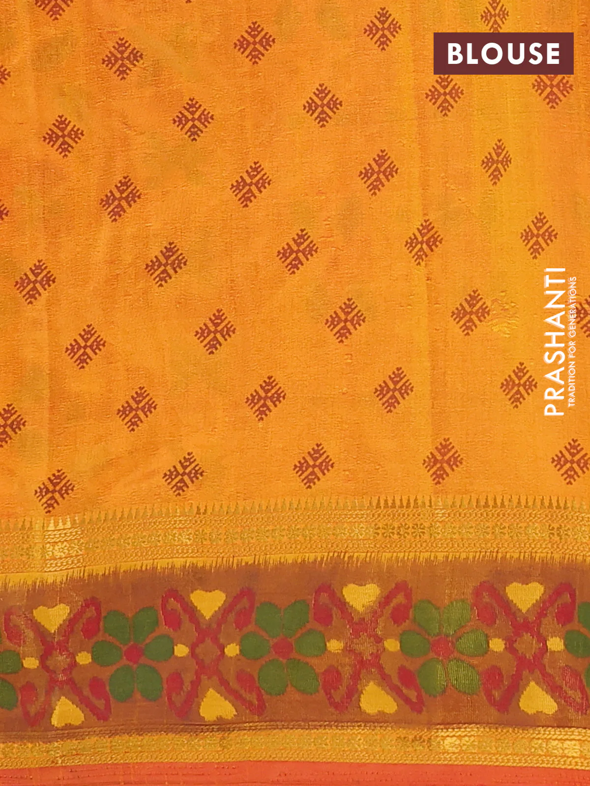 Semi tussar saree sunset orange and dark mustard with plain body and ikat woven zari border - Image 4