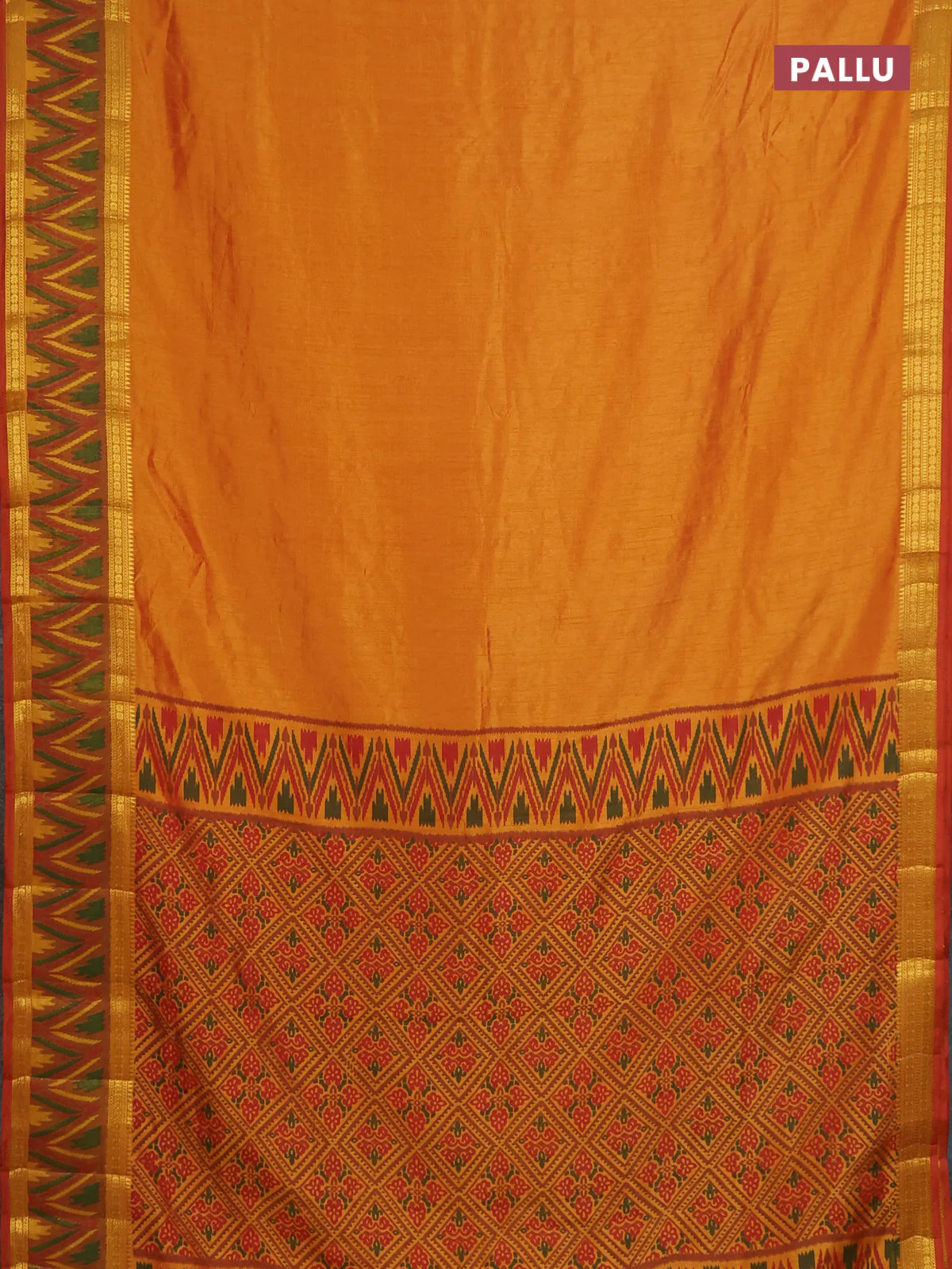 Semi tussar saree sunset orange and dark mustard with plain body and ikat woven zari border - Image 3