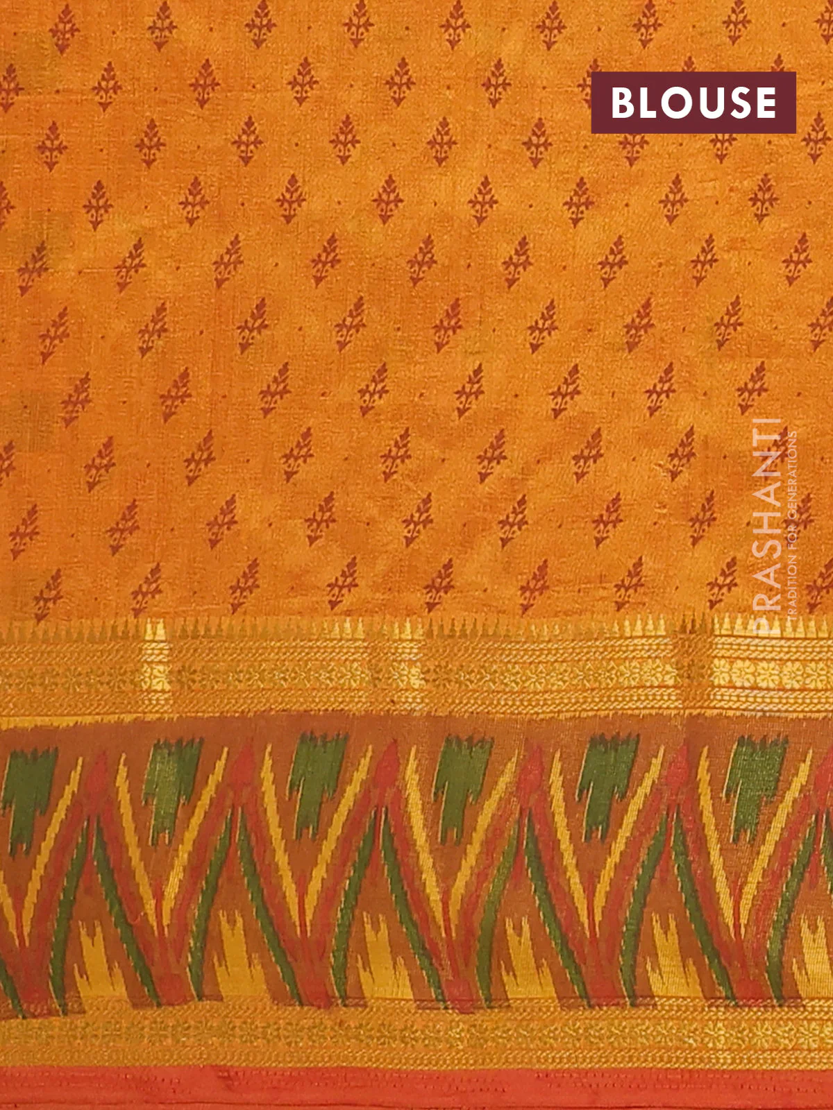 Semi tussar saree sunset orange and dark mustard with plain body and ikat woven zari border - Image 4