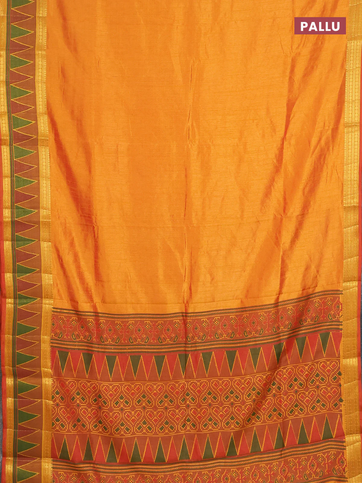 Semi tussar saree sunset orange and dark mustard with plain body and ikat woven zari border - Image 3