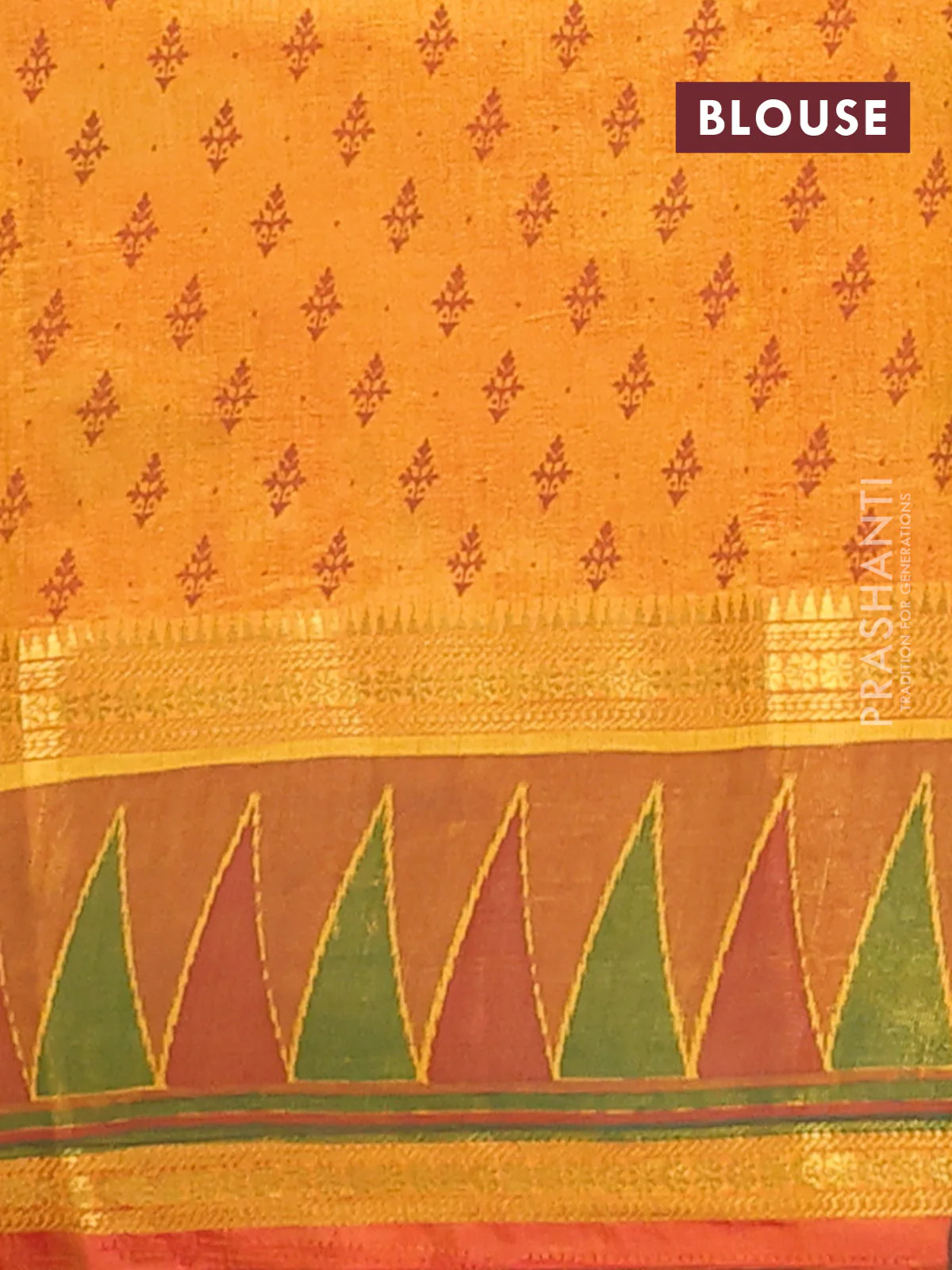 Semi tussar saree sunset orange and dark mustard with plain body and ikat woven zari border - Image 4