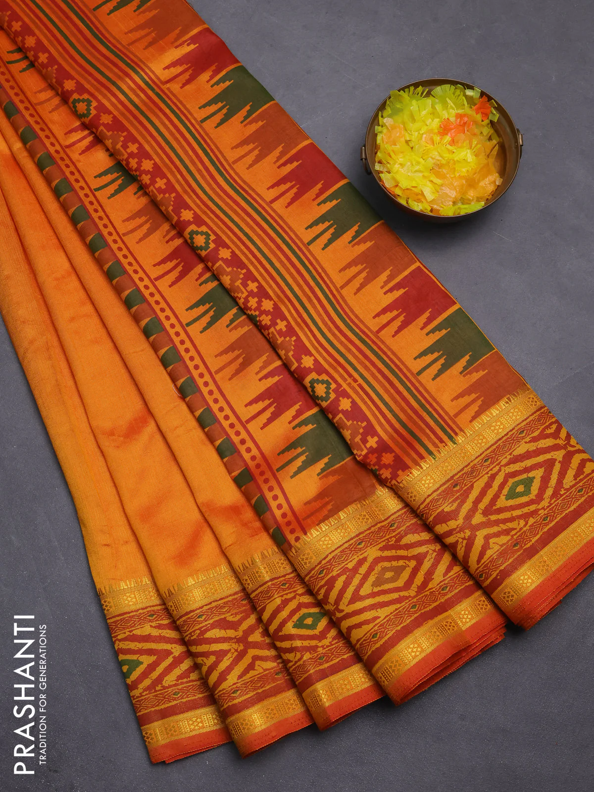 Semi tussar saree sunset orange and maroon with plain body and ikat printed pallu