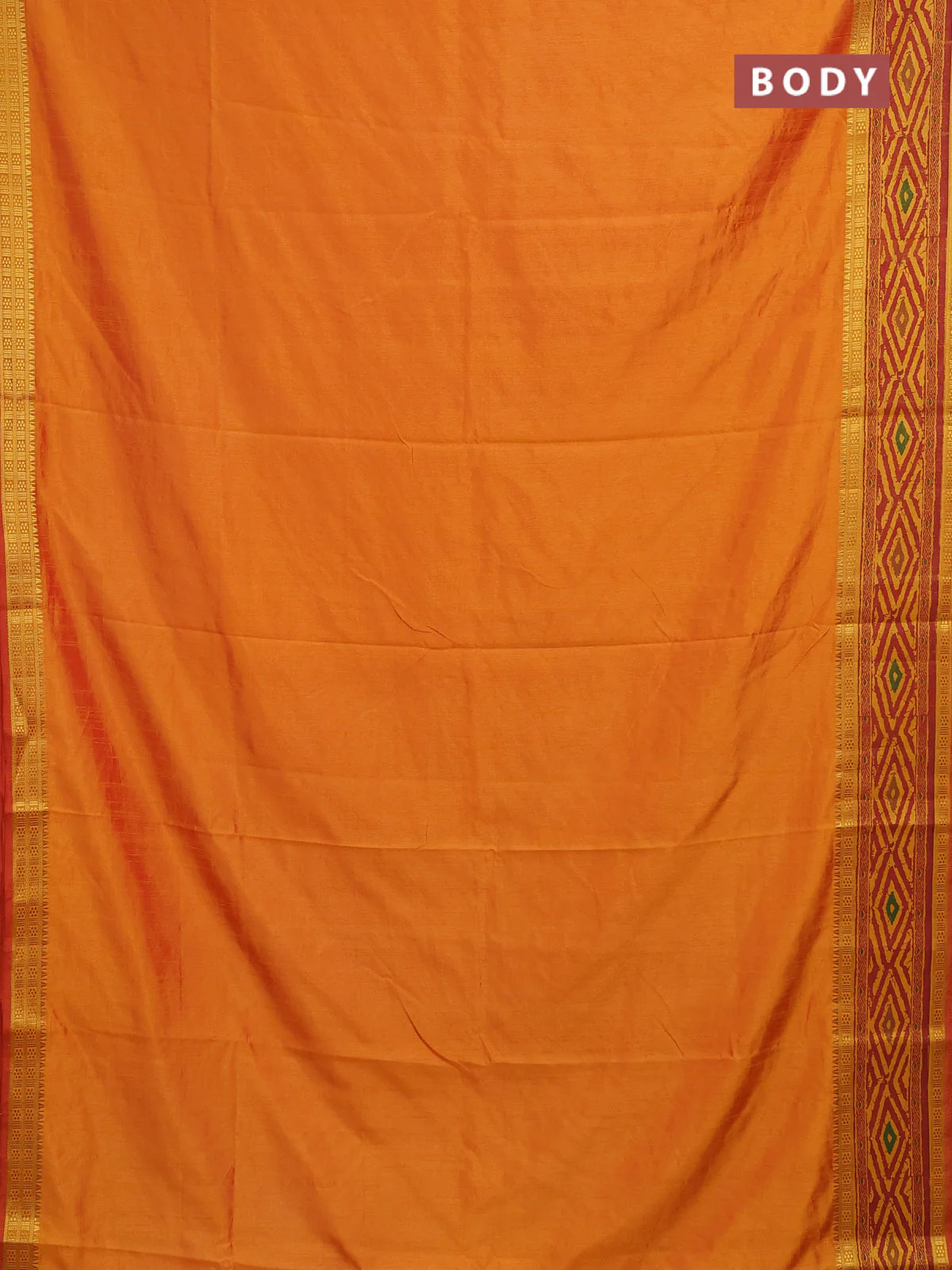 Semi tussar saree sunset orange and maroon with plain body and ikat printed pallu - Image 2