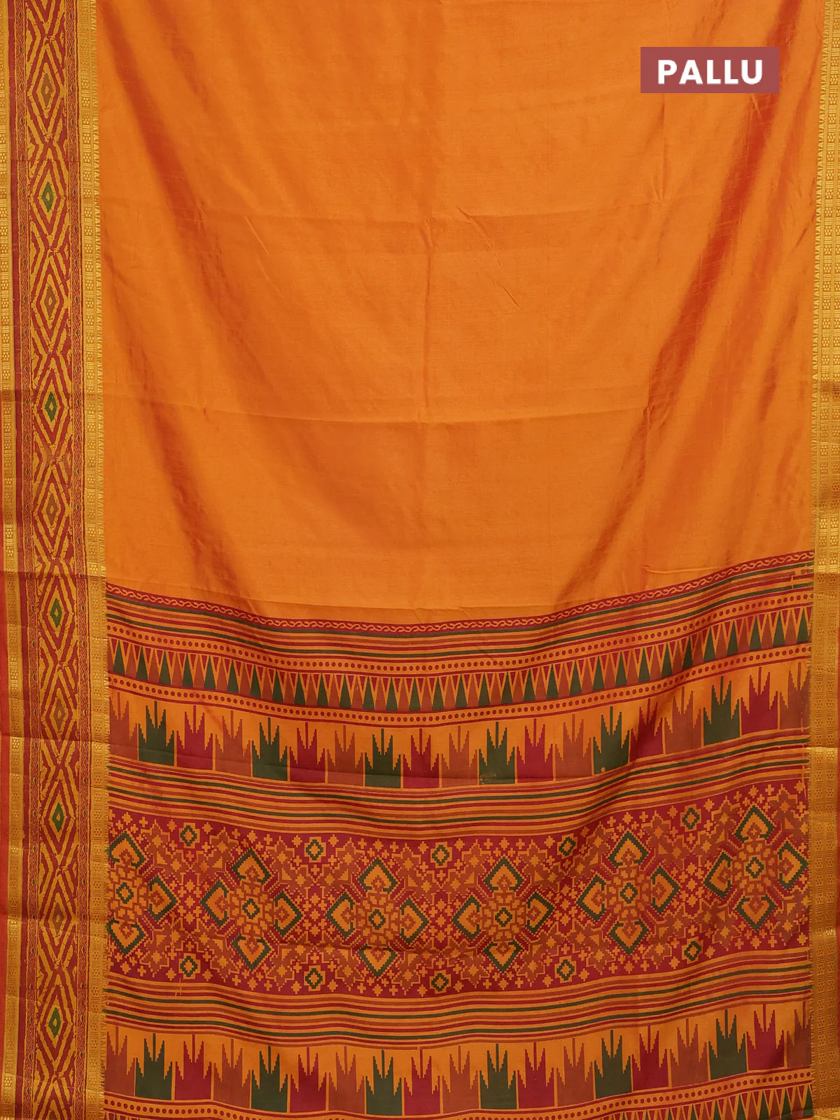 Semi tussar saree sunset orange and maroon with plain body and ikat printed pallu - Image 3