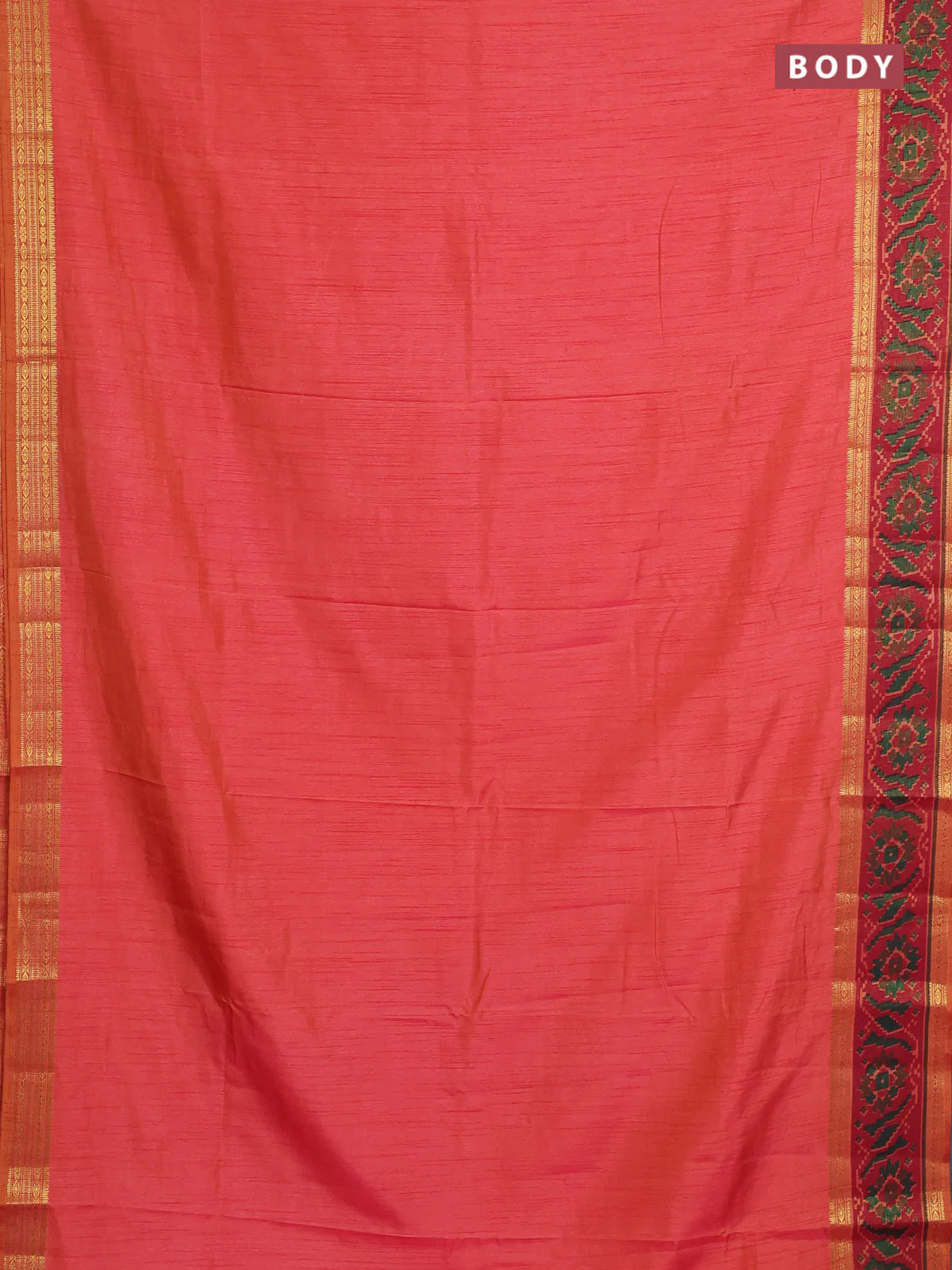 Semi tussar saree sunset orange and maroon with plain body and ikat woven zari border - Image 2