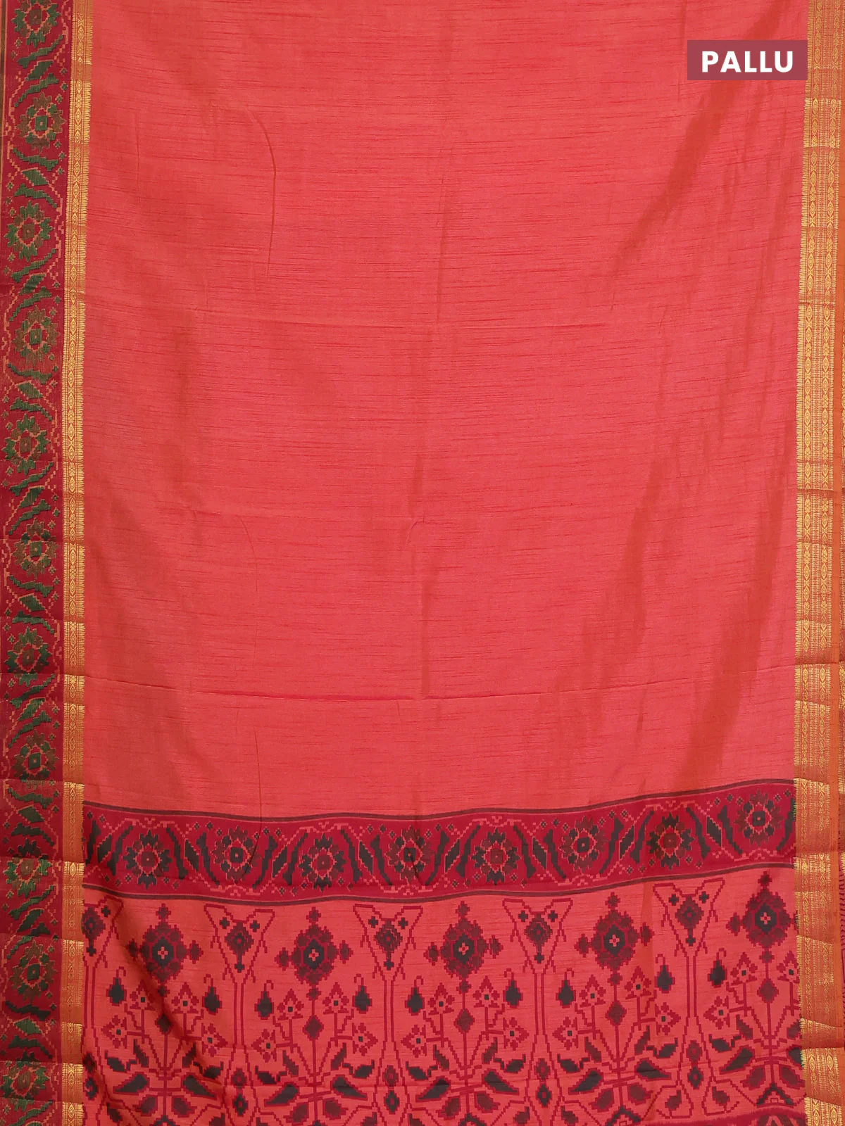 Semi tussar saree sunset orange and maroon with plain body and ikat woven zari border - Image 3