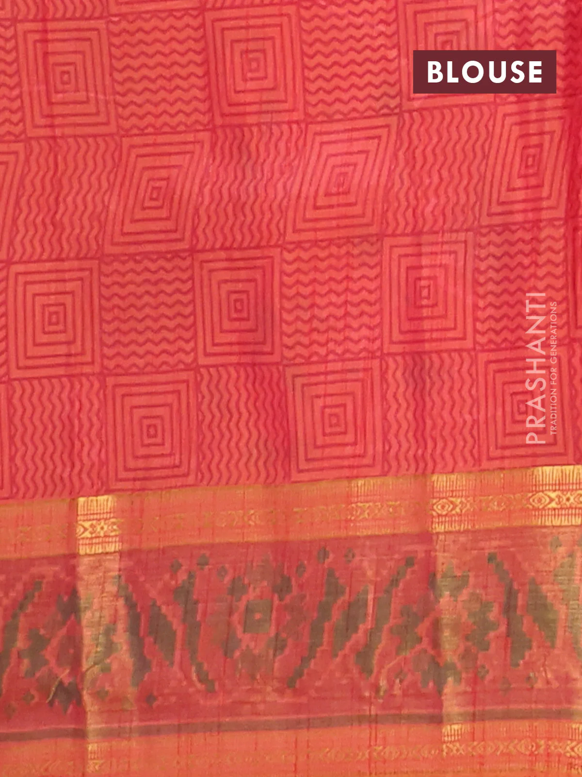 Semi tussar saree sunset orange and maroon with plain body and ikat woven zari border - Image 4