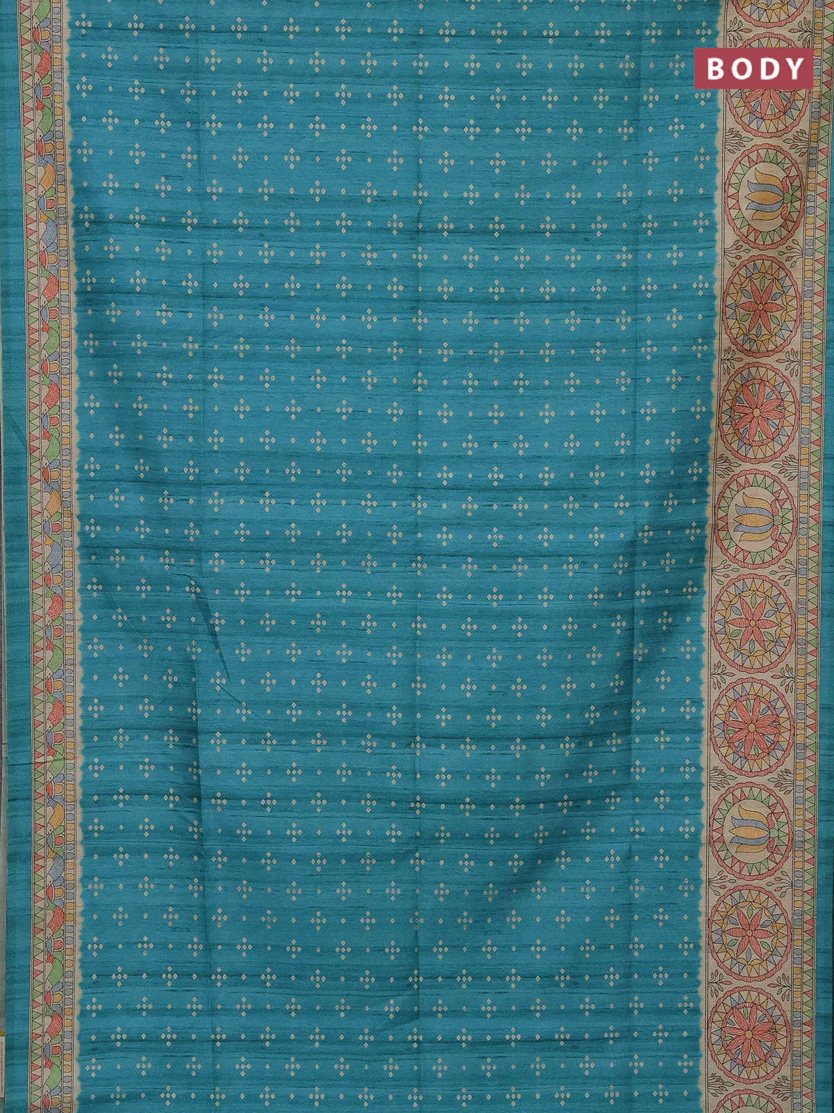 Semi tussar saree teal blue and beige with bandhini butta prints and mandhubani printed pallu - Image 2
