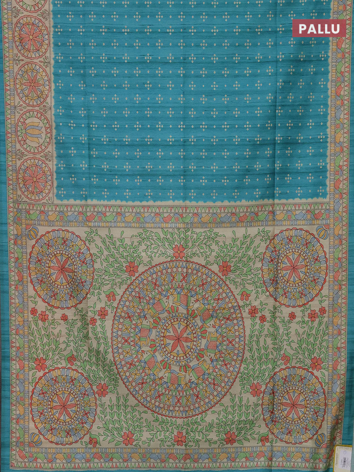 Semi tussar saree teal blue and beige with bandhini butta prints and mandhubani printed pallu - Image 3