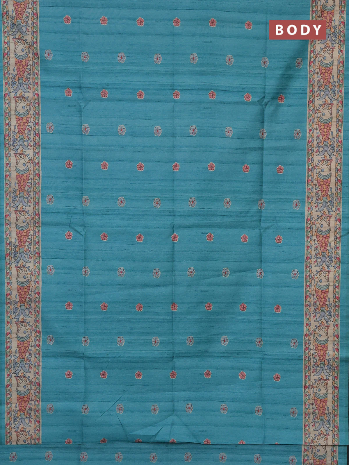 Semi tussar saree teal blue and beige with butta prints and madhubani printed pallu - Image 2