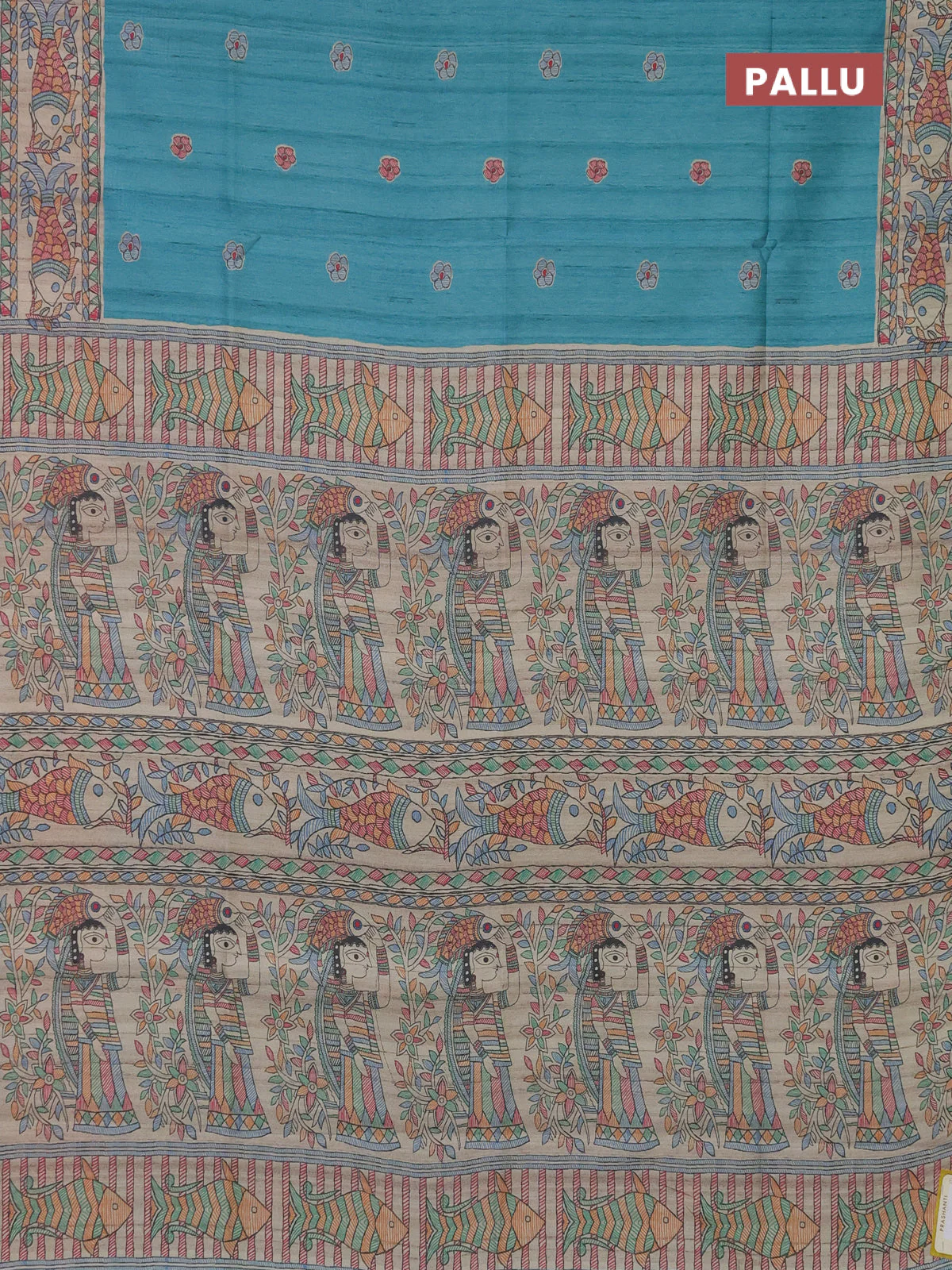 Semi tussar saree teal blue and beige with butta prints and madhubani printed pallu - Image 3