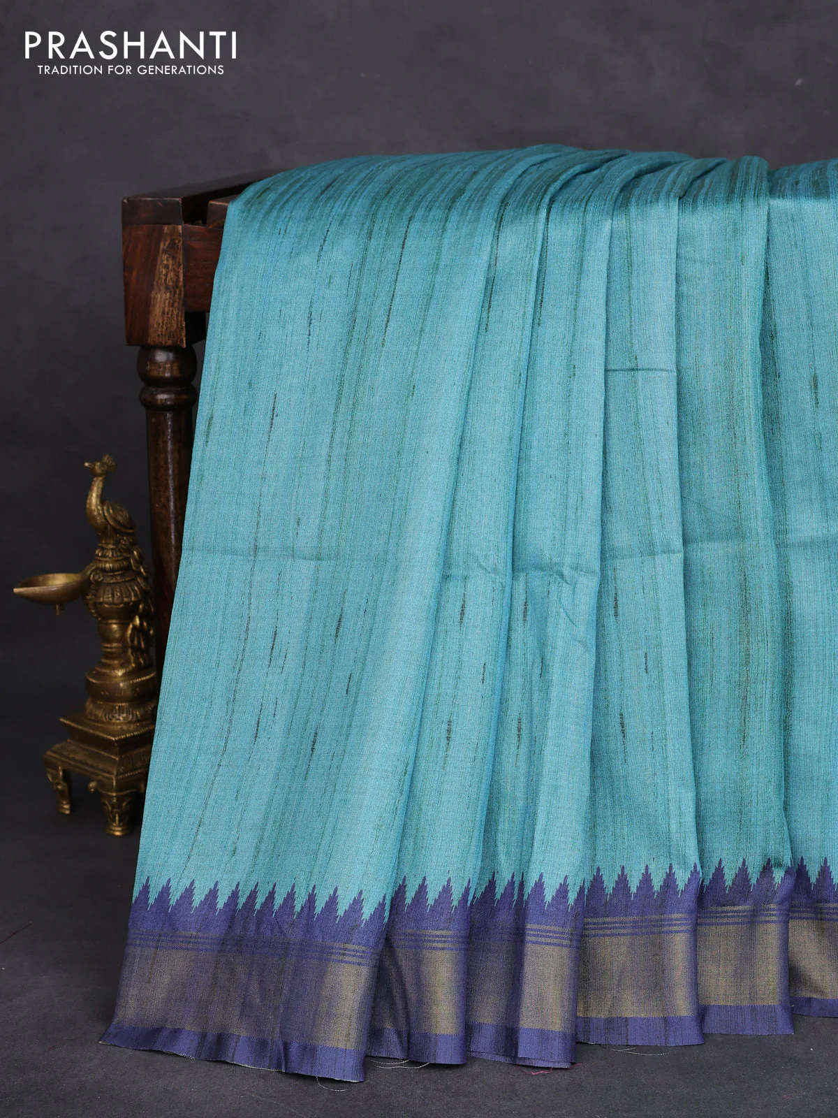 Semi tussar saree teal blue and beige with plain body and madhubani printed pallu - Image 2