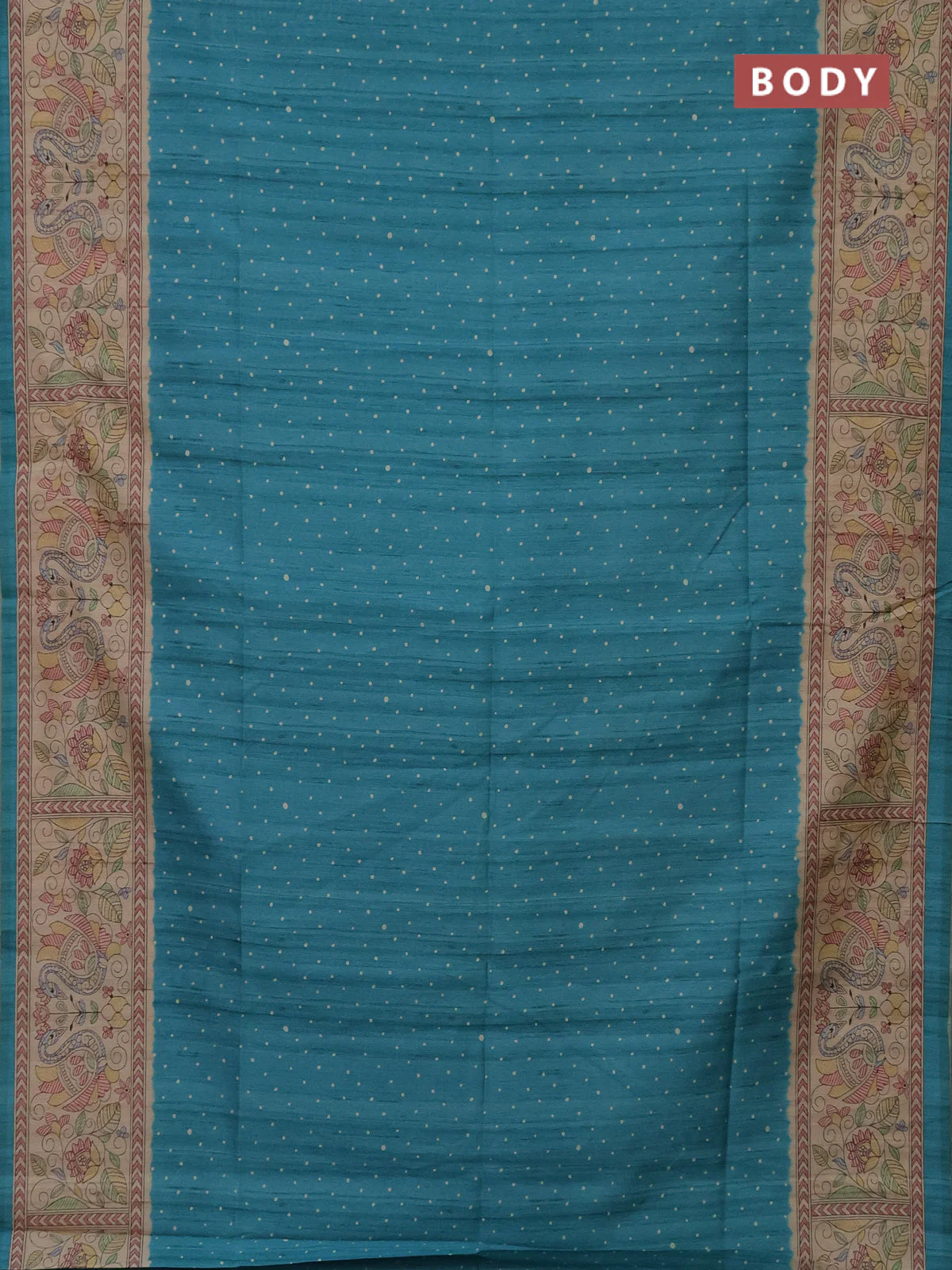 Semi tussar saree teal blue and beige with polka dot prints and madhubani printed pallu - Image 2