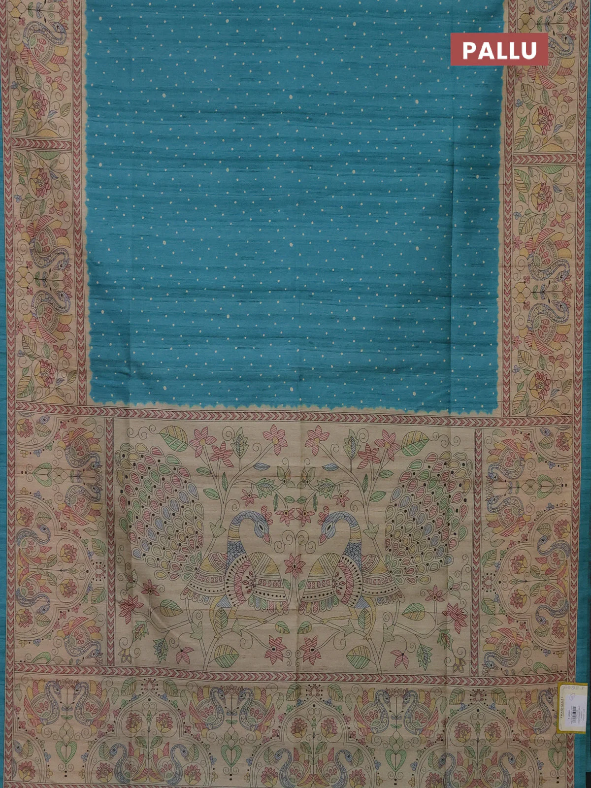 Semi tussar saree teal blue and beige with polka dot prints and madhubani printed pallu - Image 3