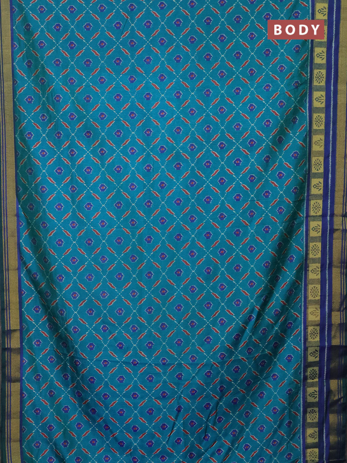 Semi tussar saree teal blue and blue with allover ikat prints and zari woven border - Image 2