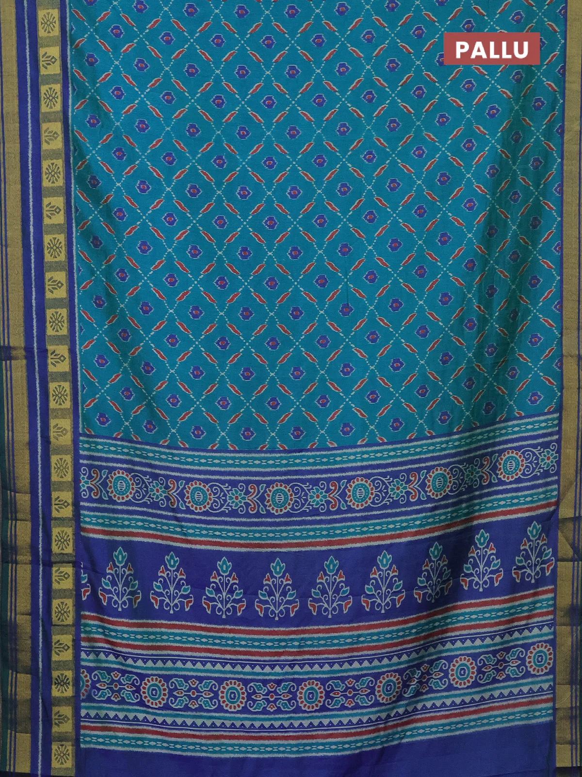 Semi tussar saree teal blue and blue with allover ikat prints and zari woven border - Image 3