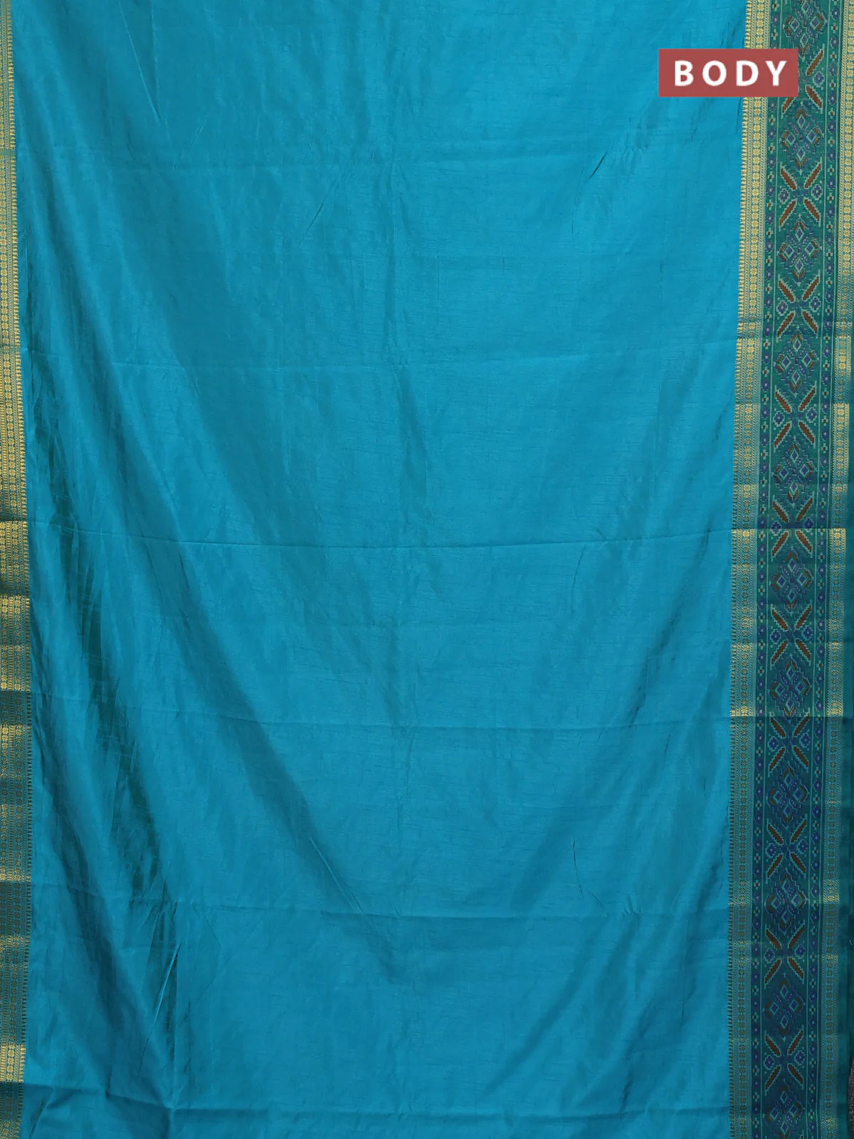 Semi tussar saree teal blue and green with plain body and ikat woven zari border - Image 2