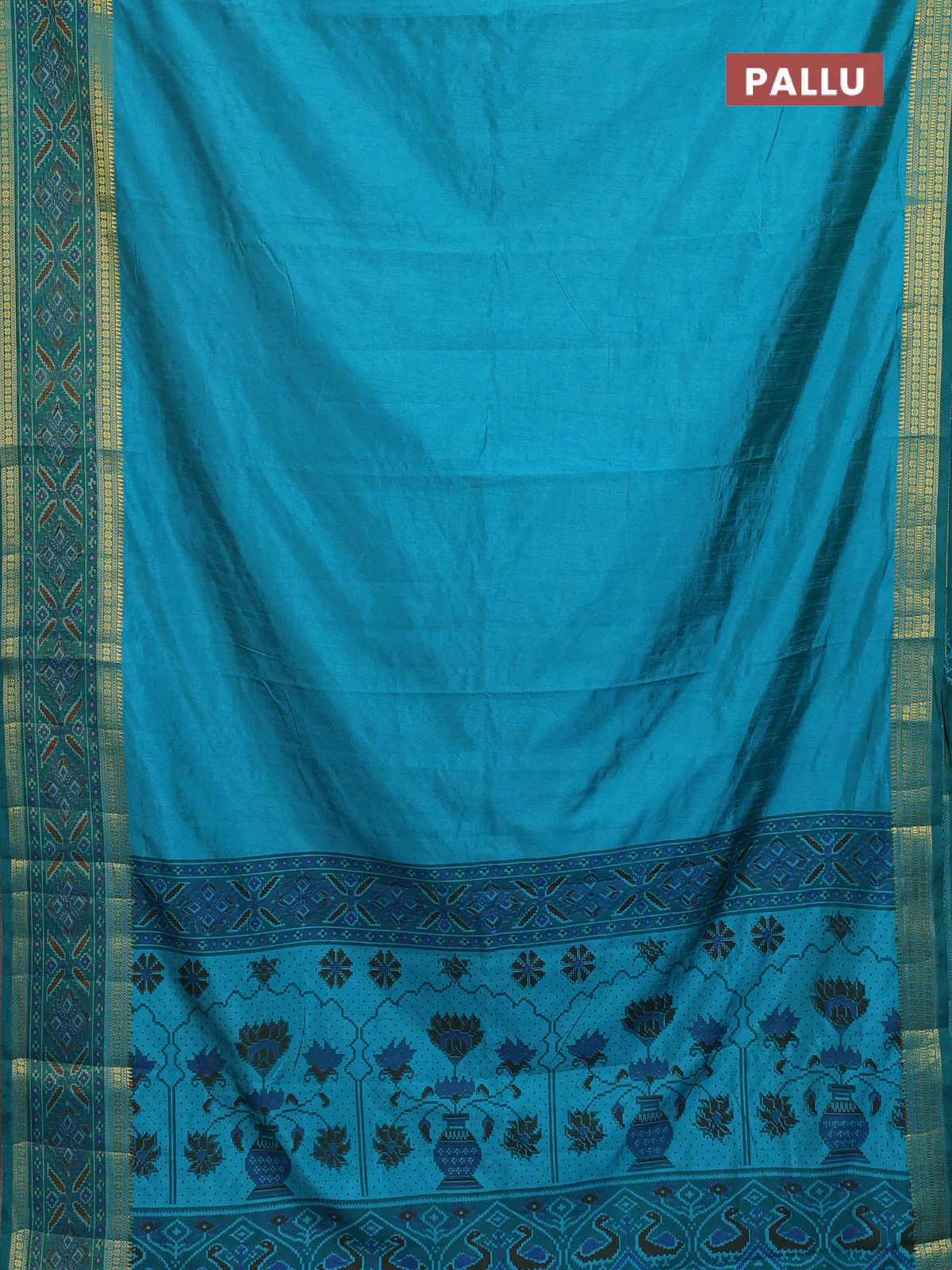 Semi tussar saree teal blue and green with plain body and ikat woven zari border - Image 3