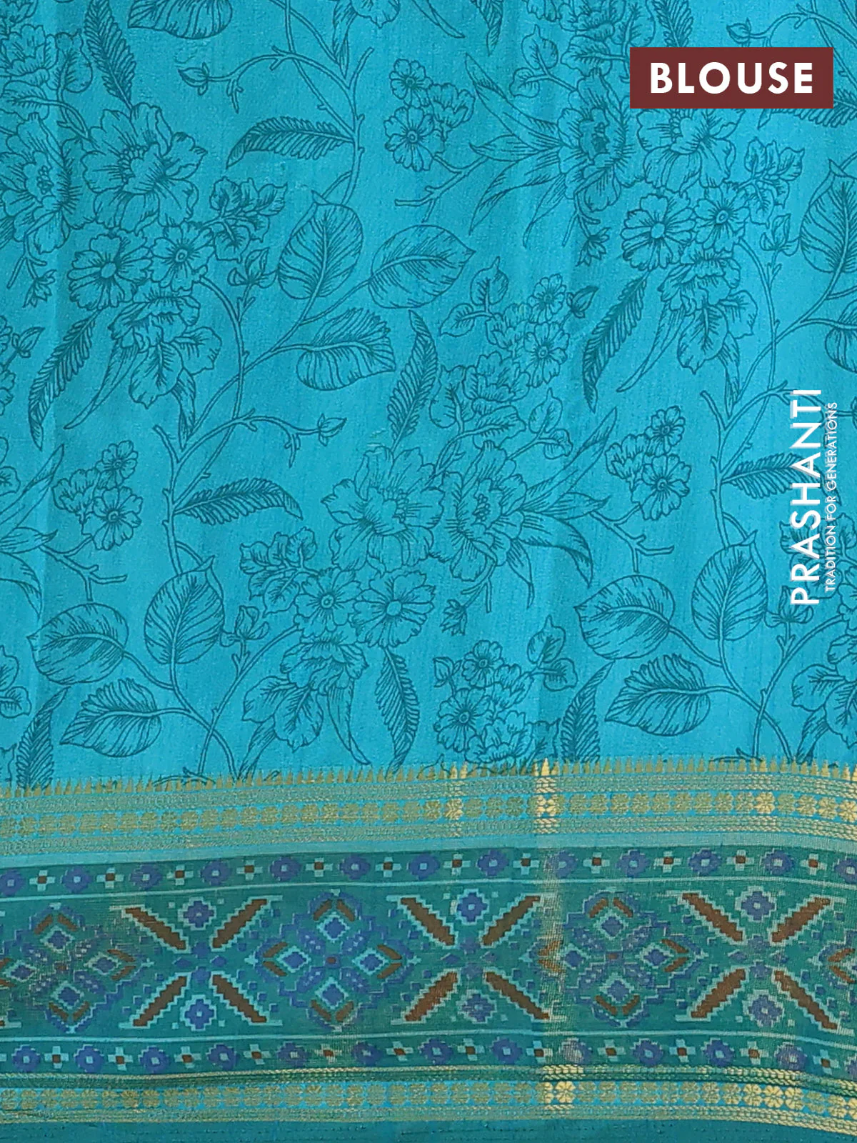 Semi tussar saree teal blue and green with plain body and ikat woven zari border - Image 4